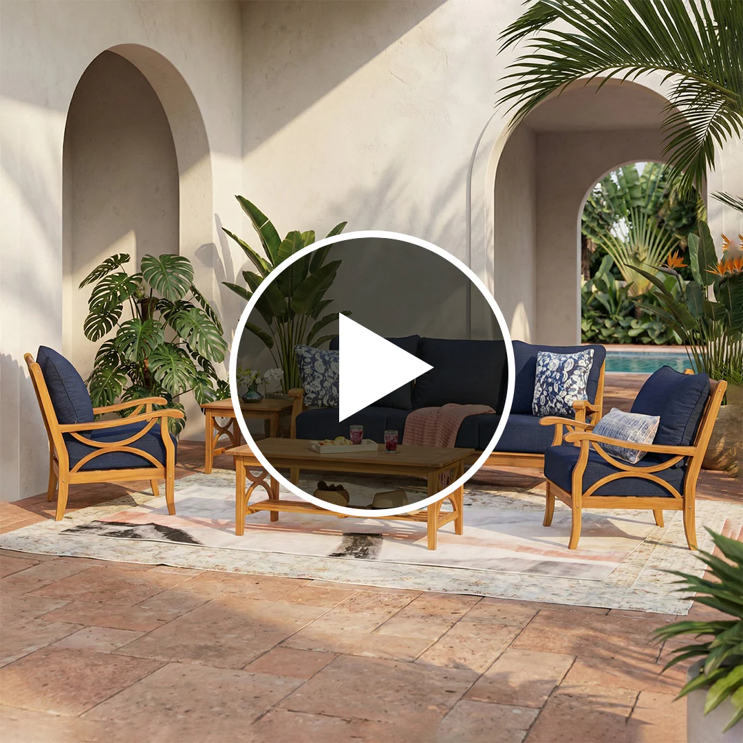 Abbington Teak Wood 5 Piece Patio Conversation Set with Navy Cushion - Image 5