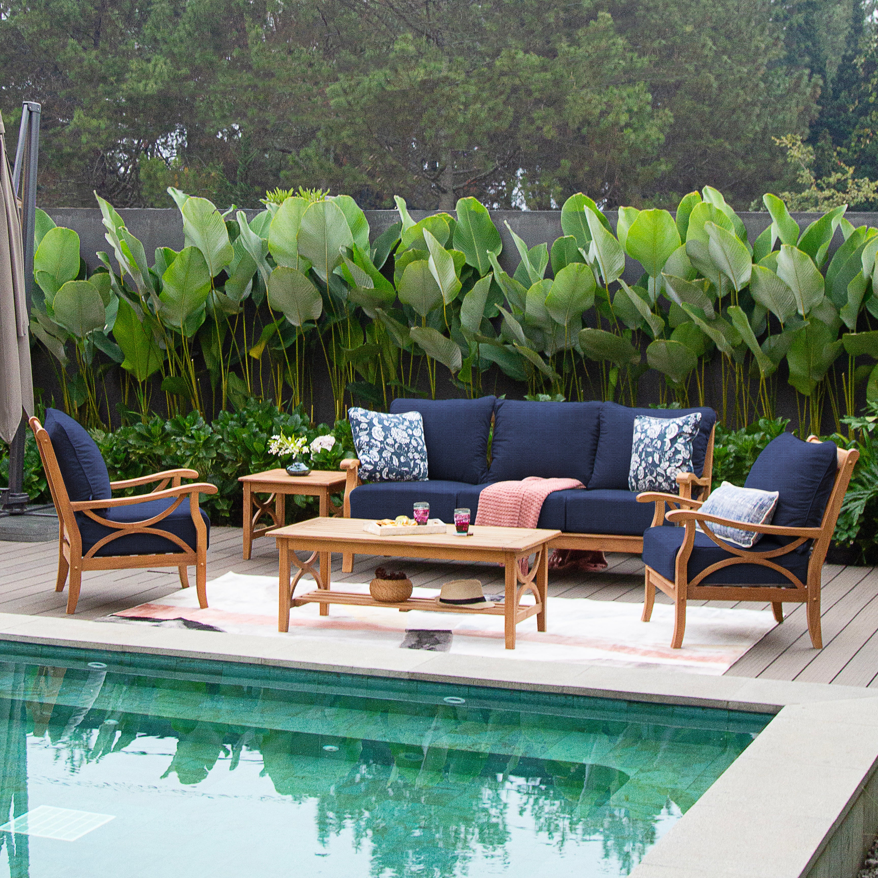 Abbington Teak Wood 5 Piece Patio Conversation Set with Navy Cushion - Image 6