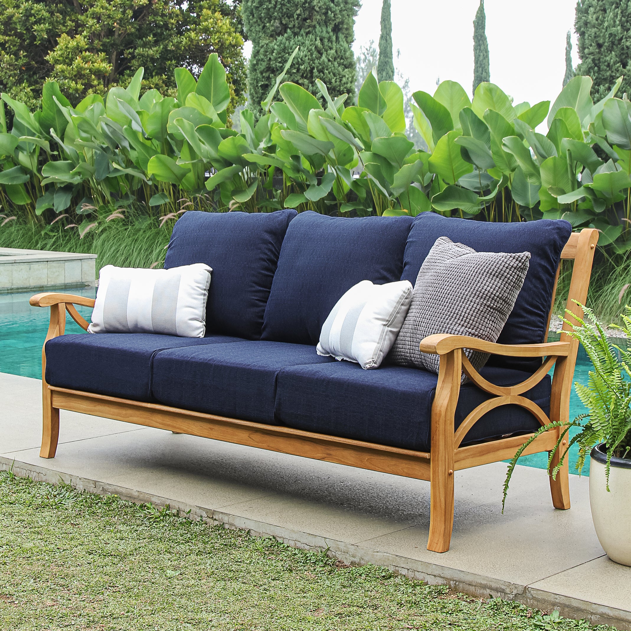 Abbington Teak Wood 5 Piece Patio Conversation Set with Navy Cushion - Image 7