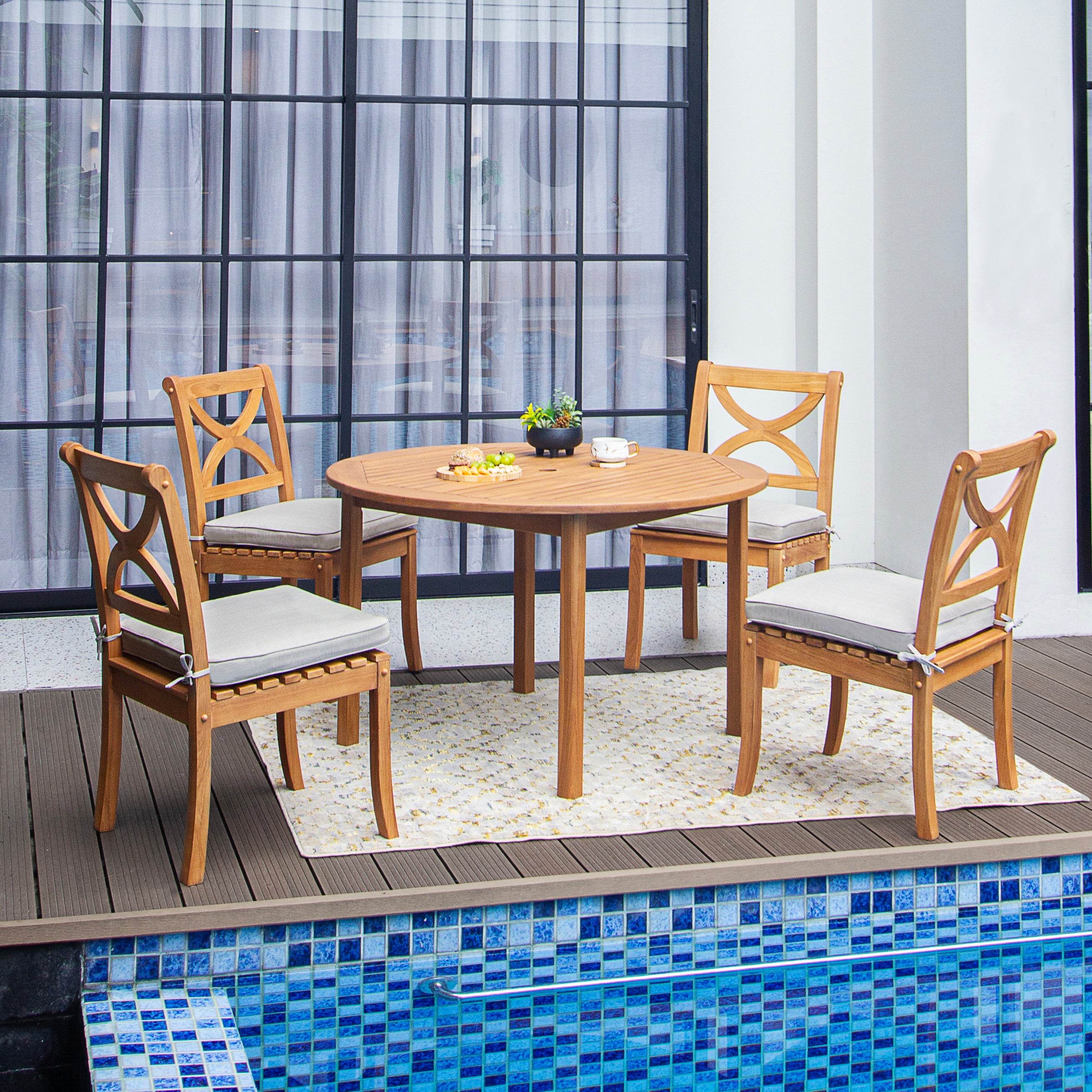 Abbington Teak Wood 5 Pieces Outdoor Dining Set with Round Dining Table - Image 2