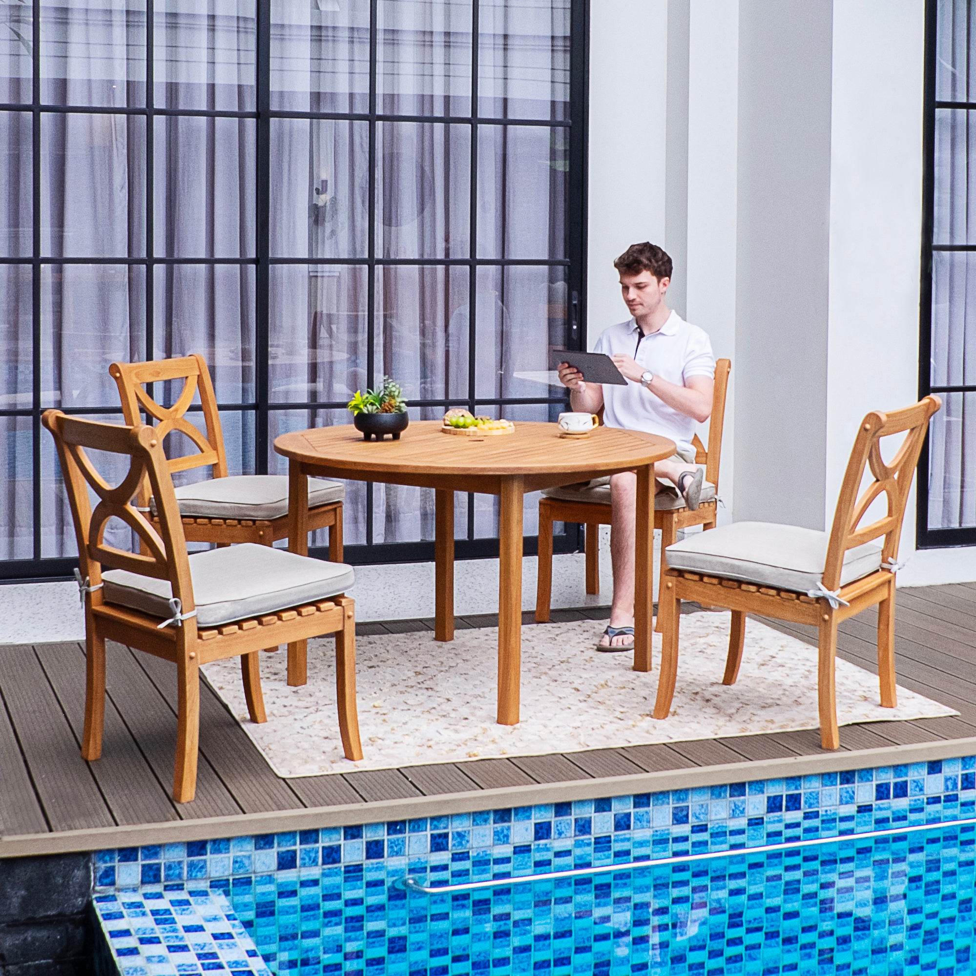 Abbington Teak Wood 5 Pieces Outdoor Dining Set with Round Dining Table - Image 3