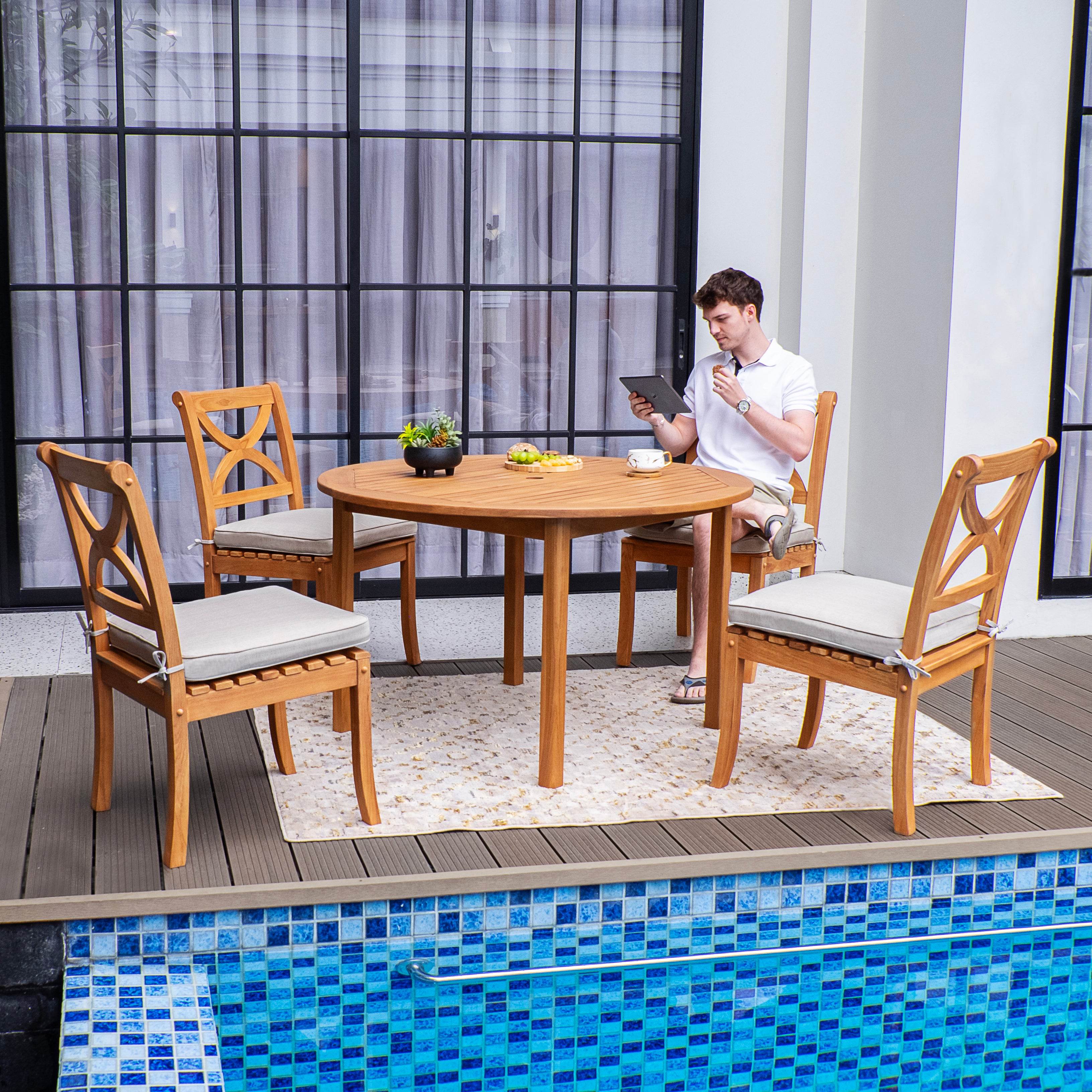 Abbington Teak Wood 5 Pieces Outdoor Dining Set with Round Dining Table - Image 4