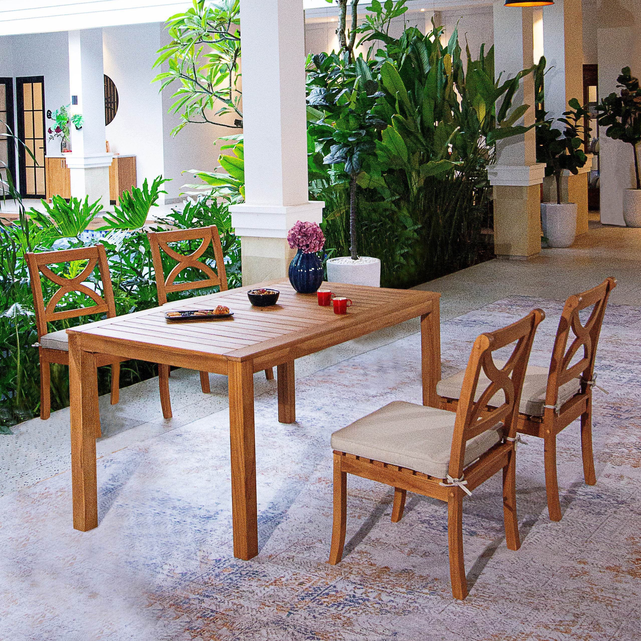 Abbington Teak Wood 5 Pieces Outdoor Rectangular Dining Table with Beige Seatpad - Image 2
