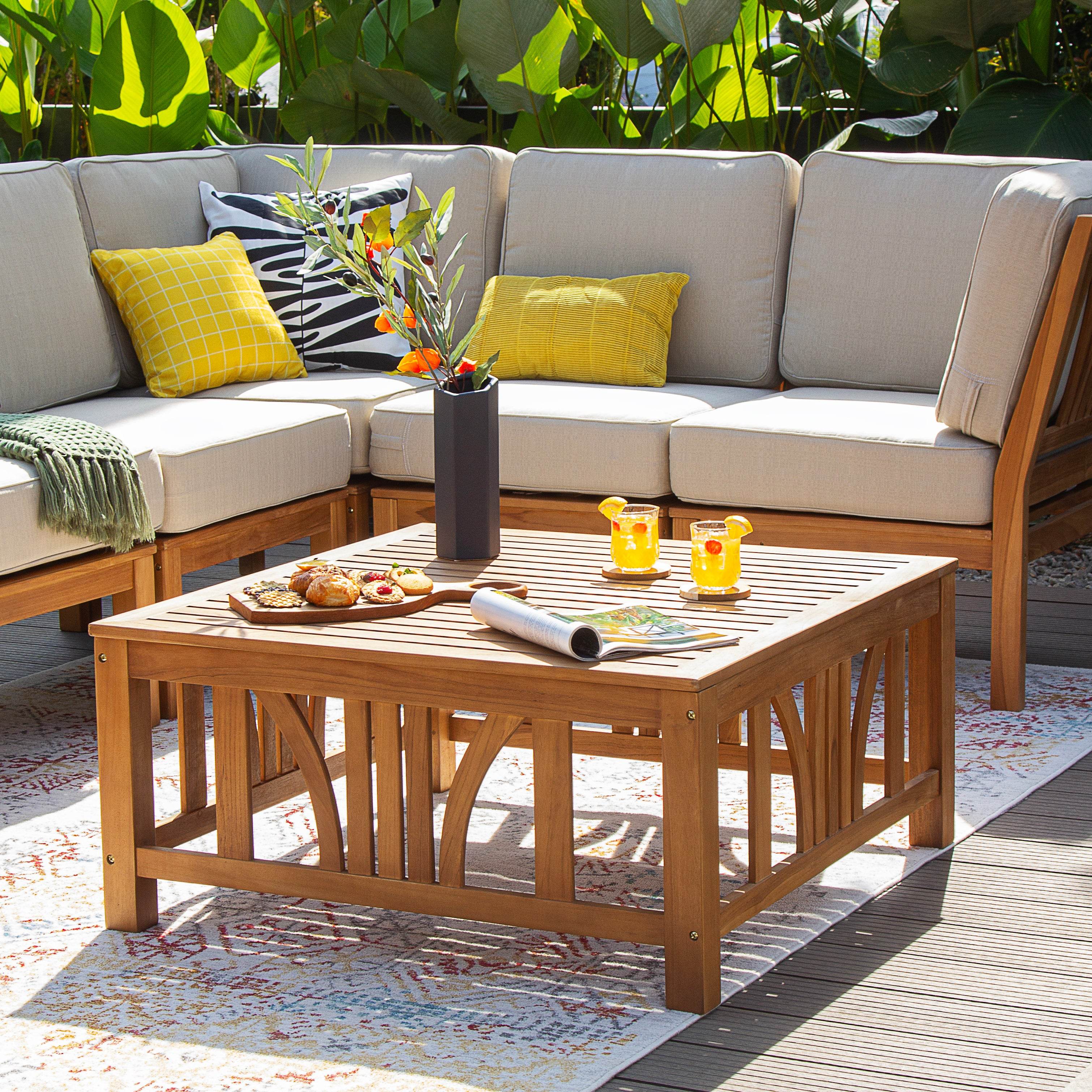 Abbington Teak Wood 6 Pieces Patio Sectional Set with Beige Cushion - Image 11