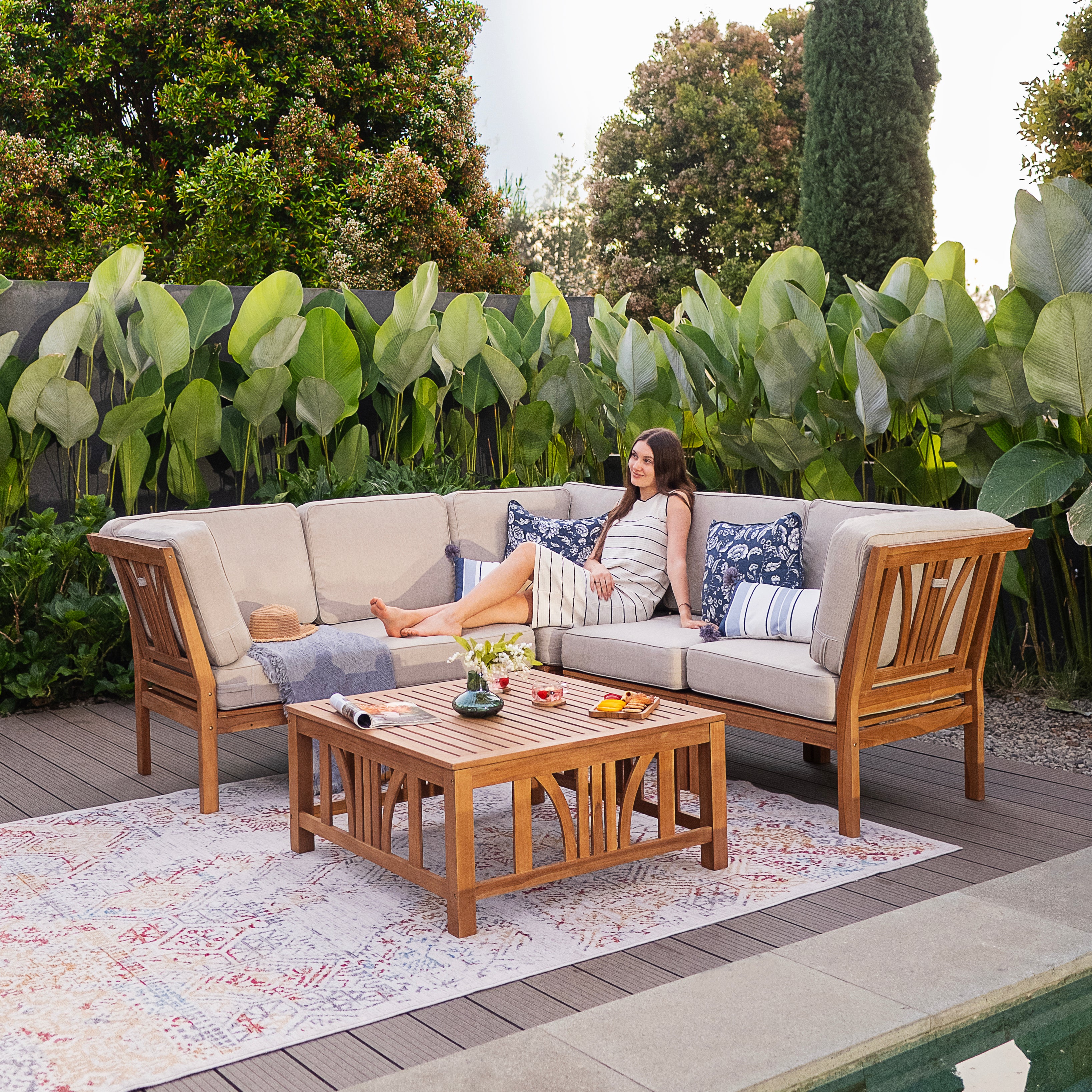 Abbington Teak Wood 6 Pieces Patio Sectional Set with Beige Cushion - Image 3