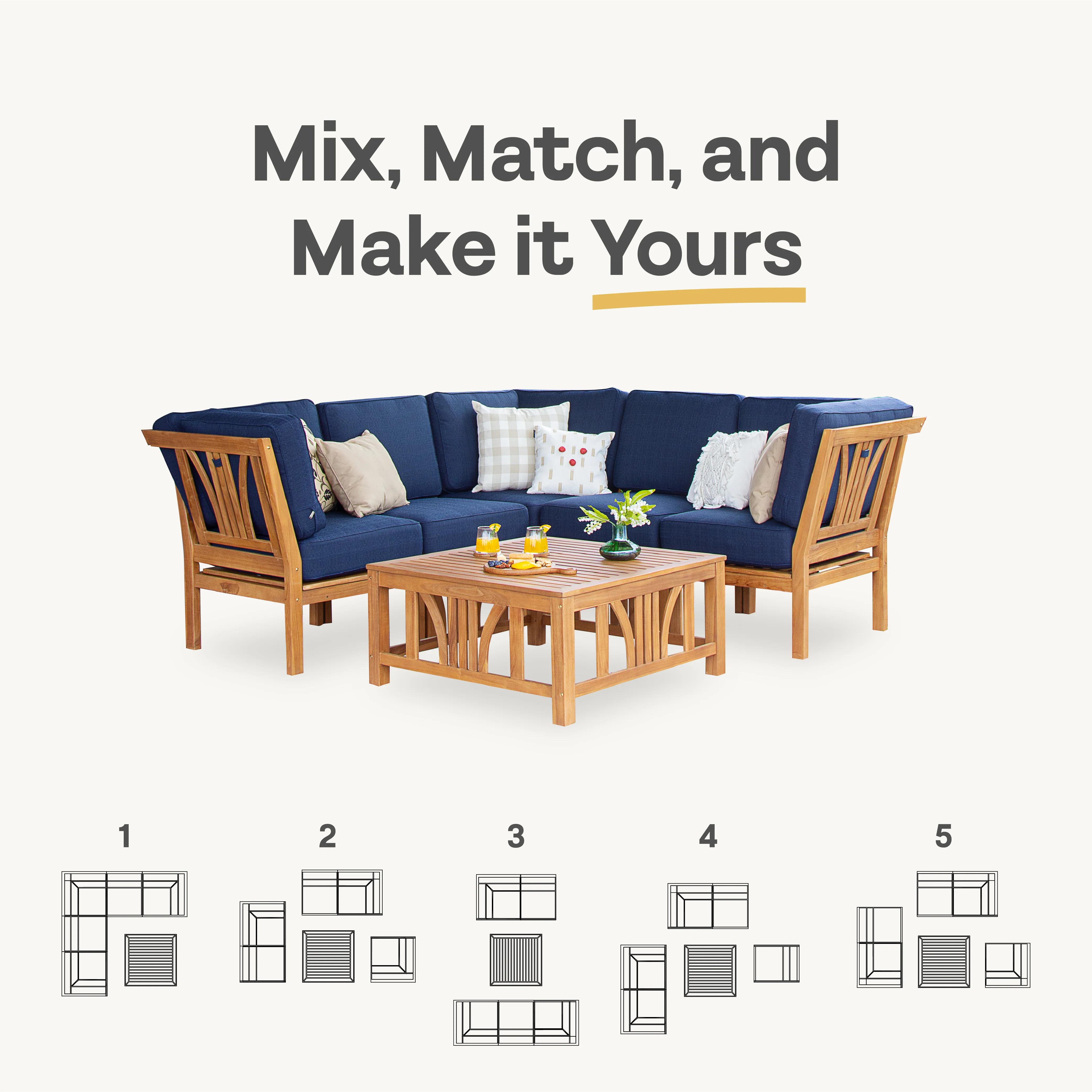 Abbington Teak Wood 6 Pieces Patio Sectional Set with Beige Cushion - Image 4