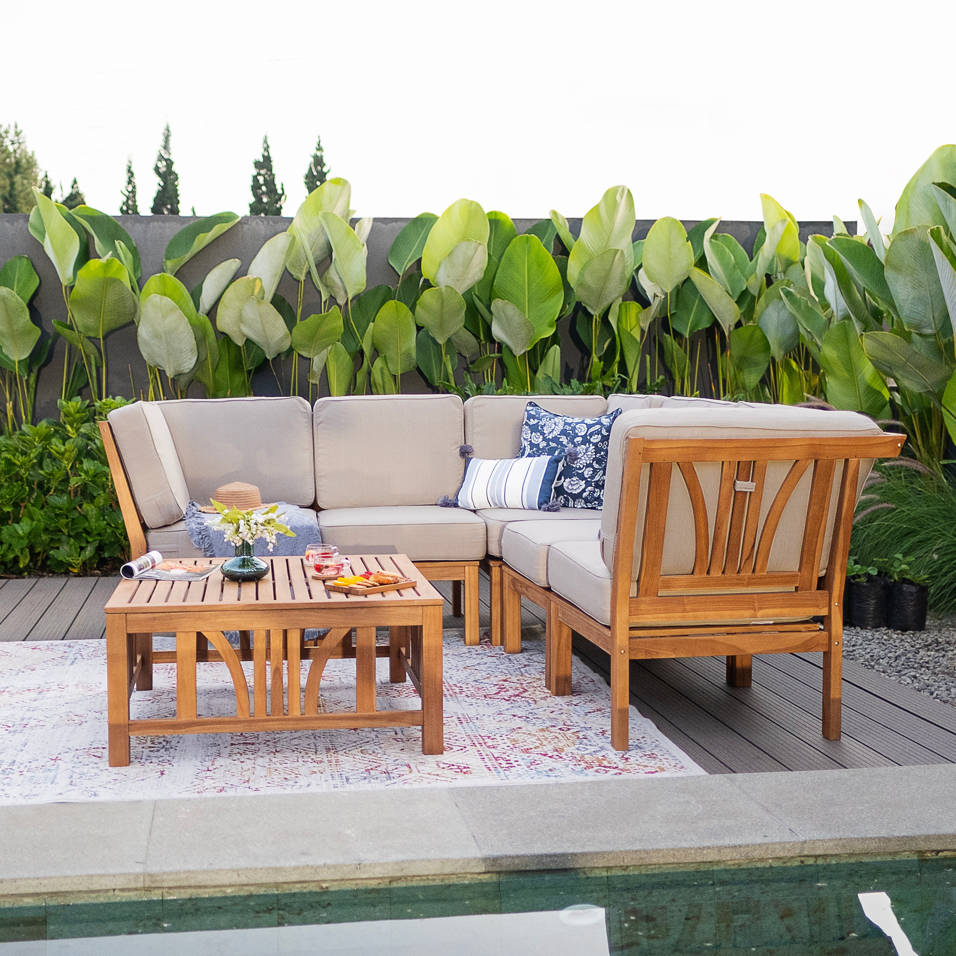 Abbington Teak Wood 6 Pieces Patio Sectional Set with Beige Cushion - Image 7