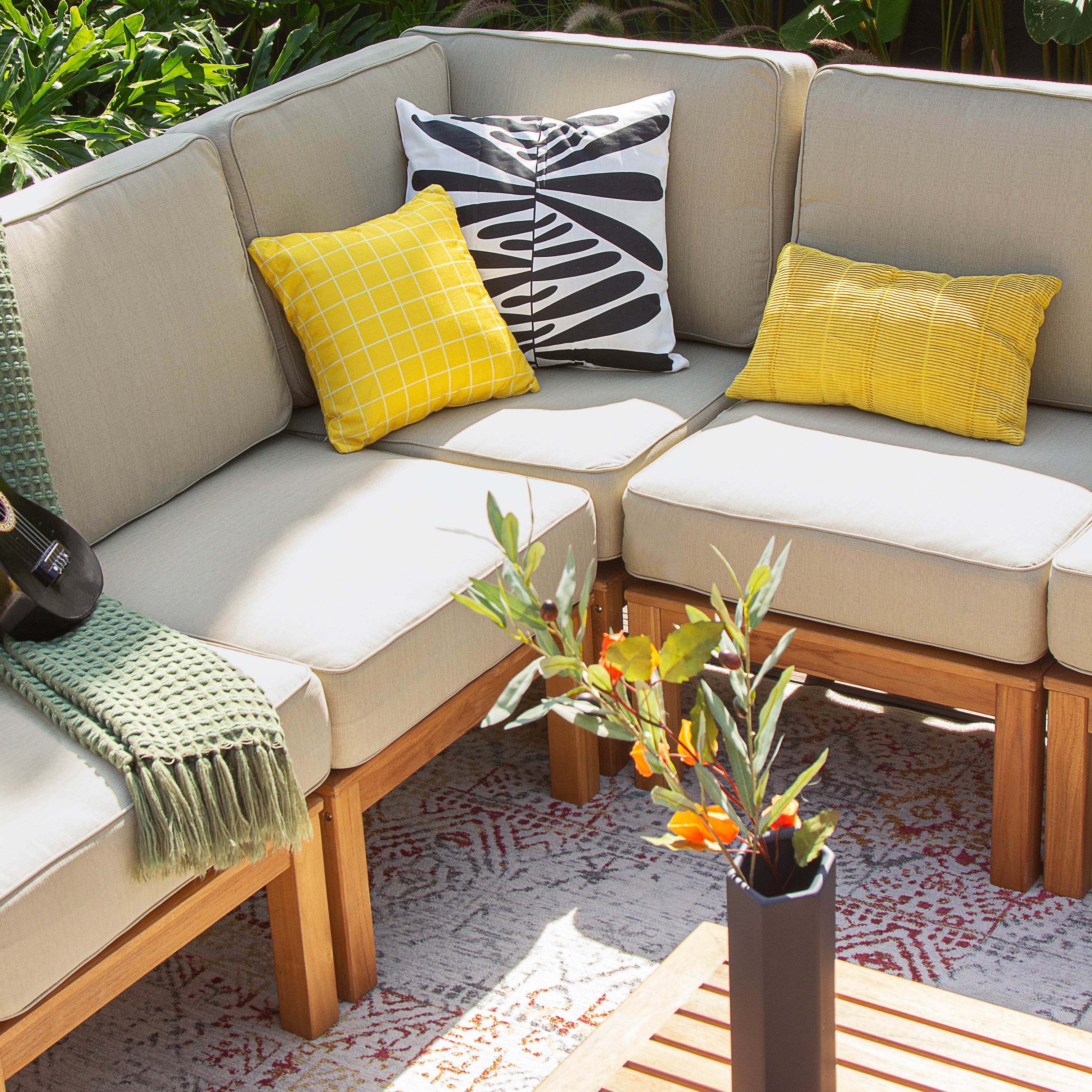 Abbington Teak Wood 6 Pieces Patio Sectional Set with Beige Cushion - Image 8