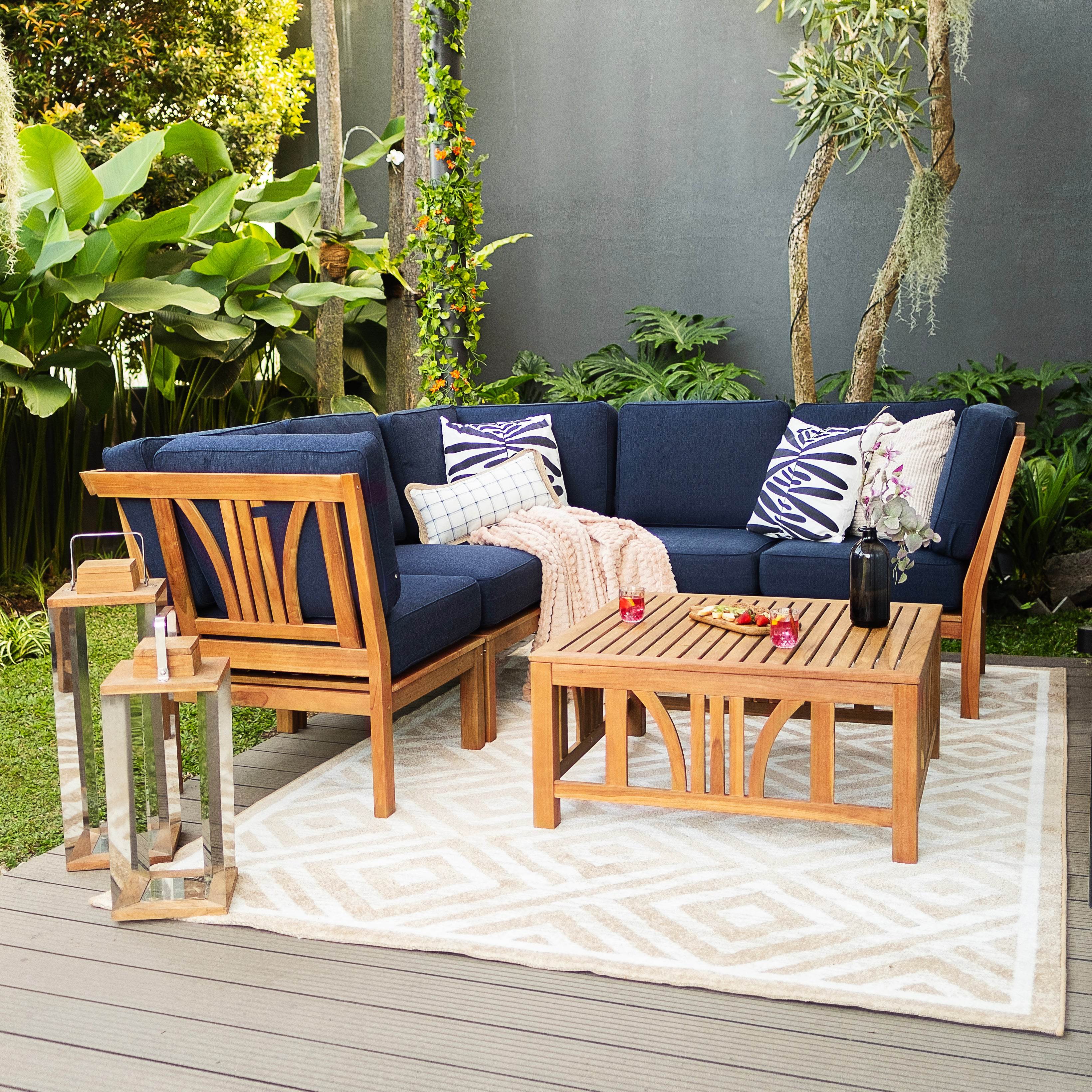 Abbington Teak Wood 6 Pieces Patio Sectional Set with Navy Cushion - Image 3