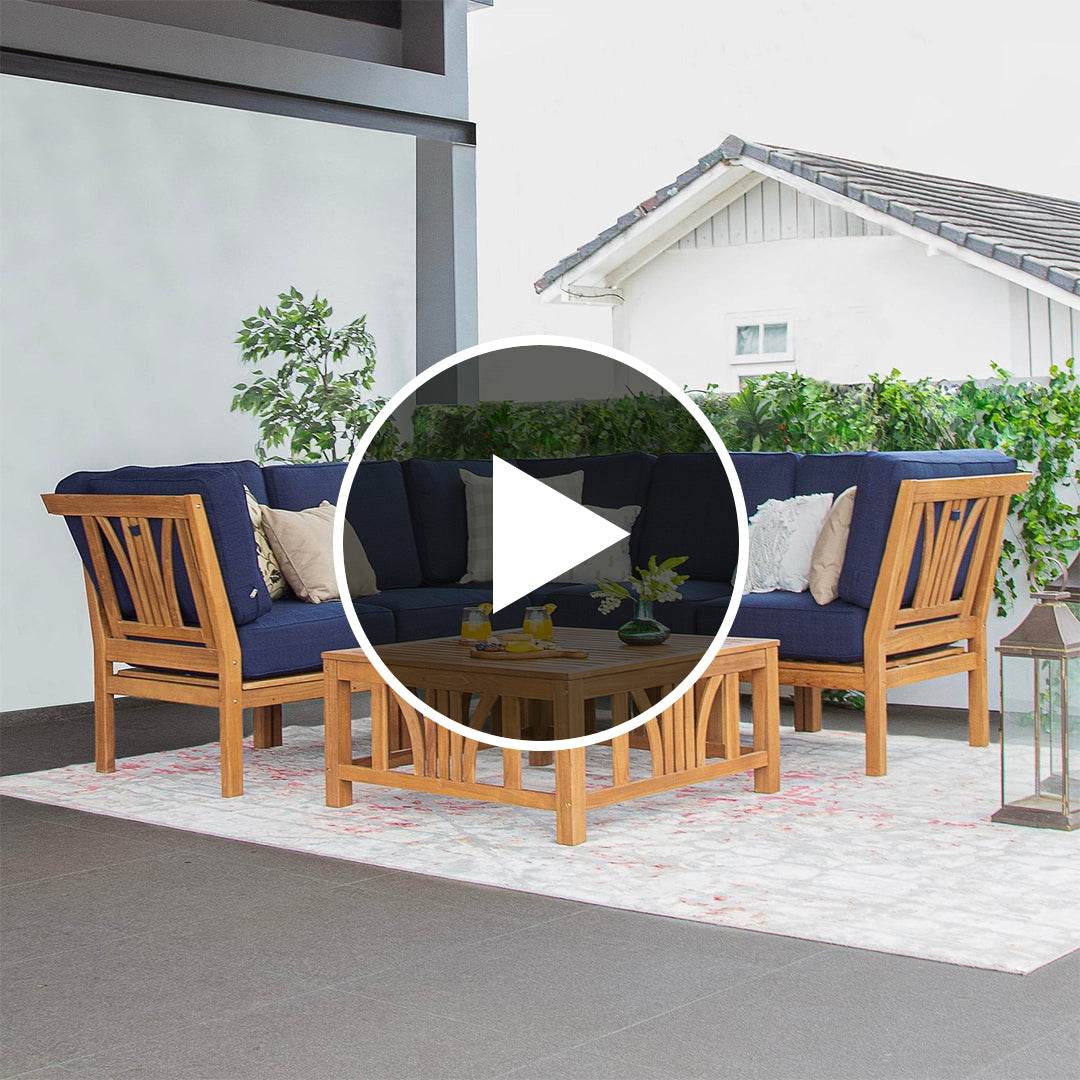 Abbington Teak Wood 6 Pieces Patio Sectional Set with Navy Cushion - Image 5
