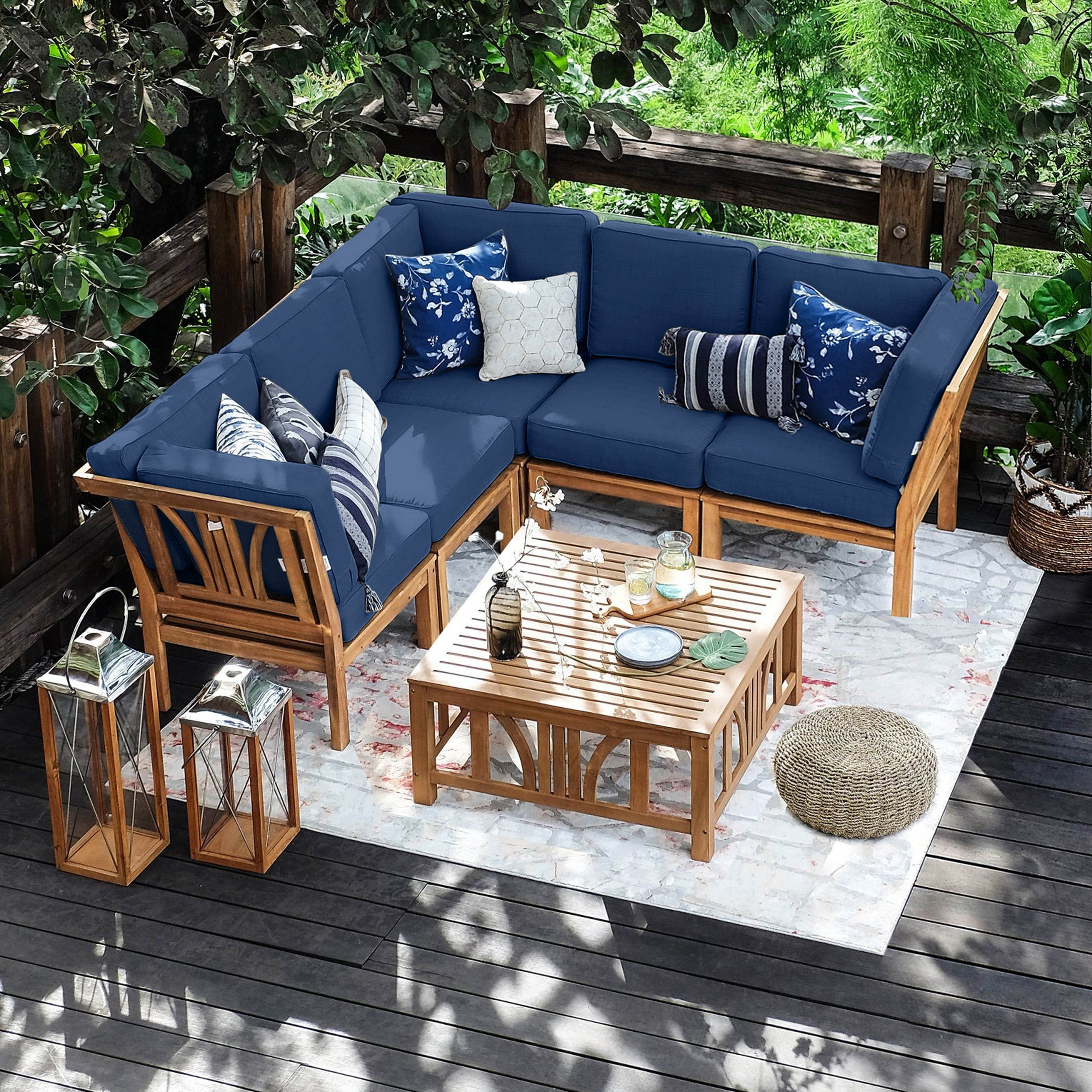 Abbington Teak Wood 6 Pieces Patio Sectional Set with Navy Cushion - Image 7