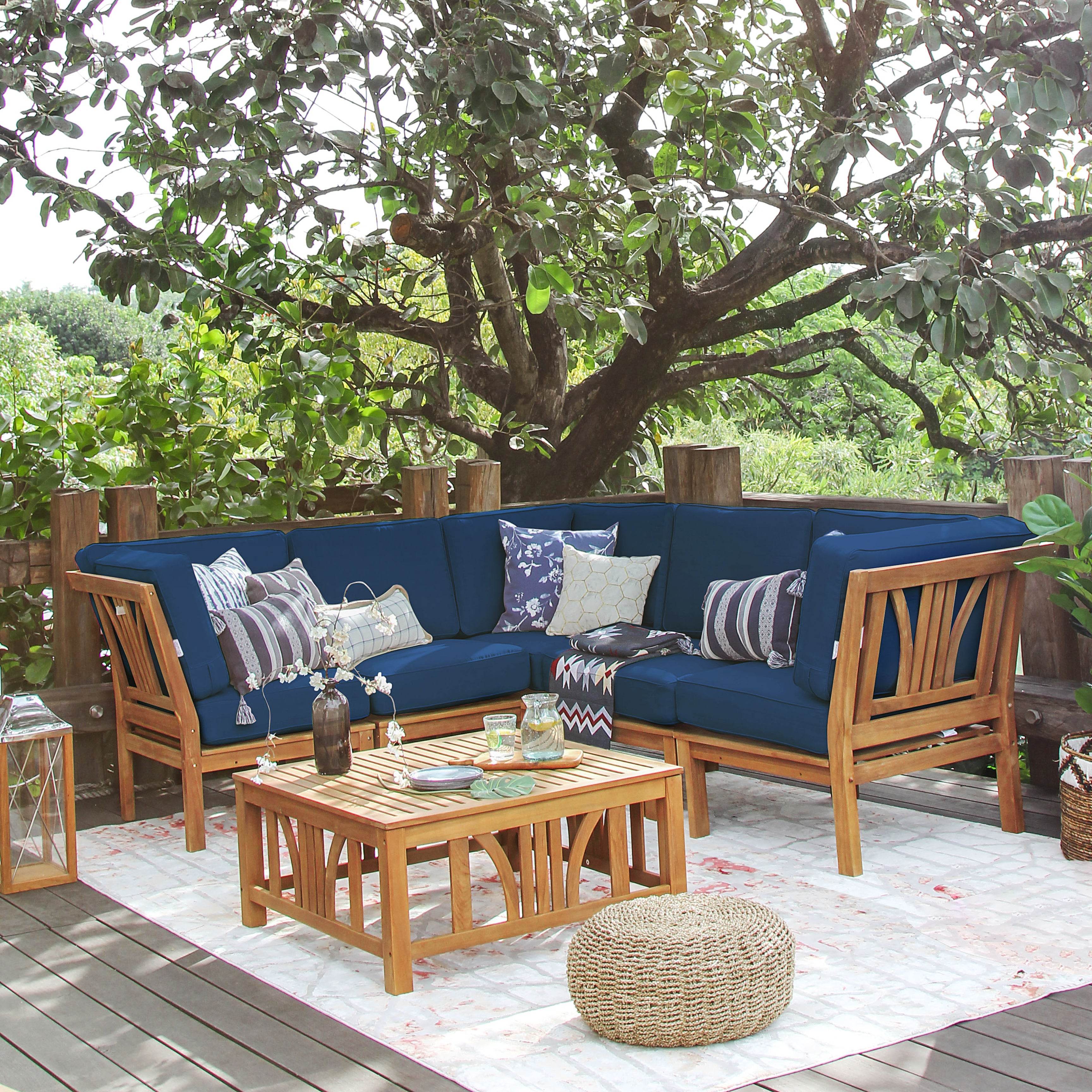 Abbington Teak Wood 6 Pieces Patio Sectional Set with Navy Cushion - Image 8