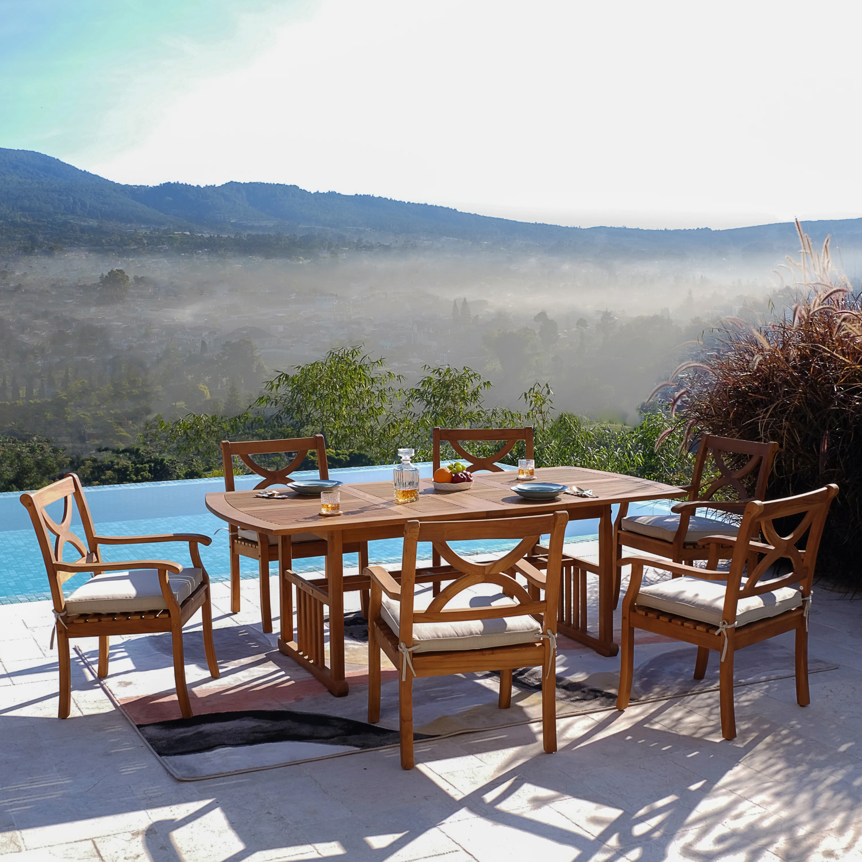 Abbington Teak Wood 7 Pieces Outdoor Dining Set with Beige Seatpad - Image 2