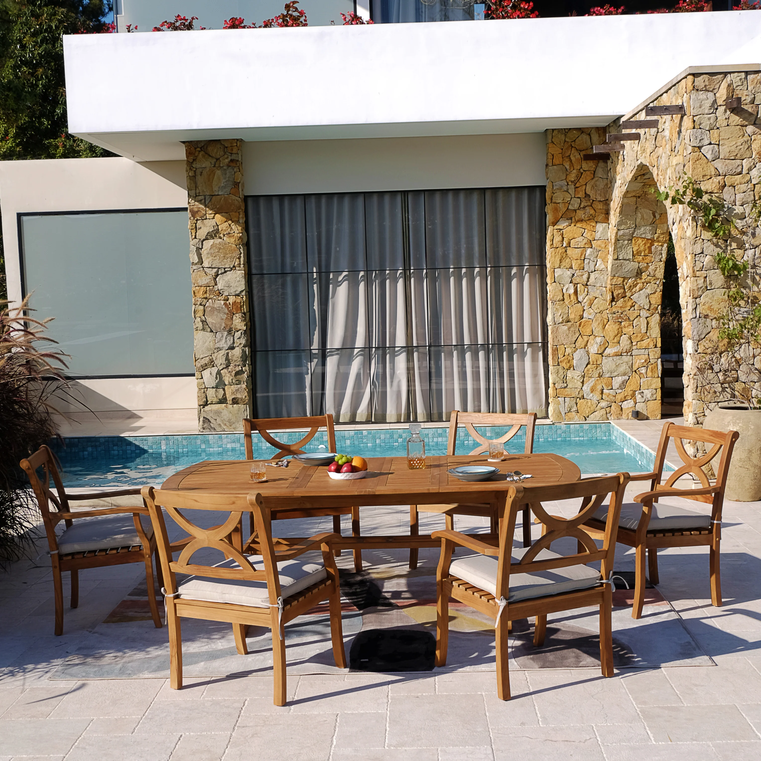 Abbington Teak Wood 7 Pieces Outdoor Dining Set with Beige Seatpad - Image 3