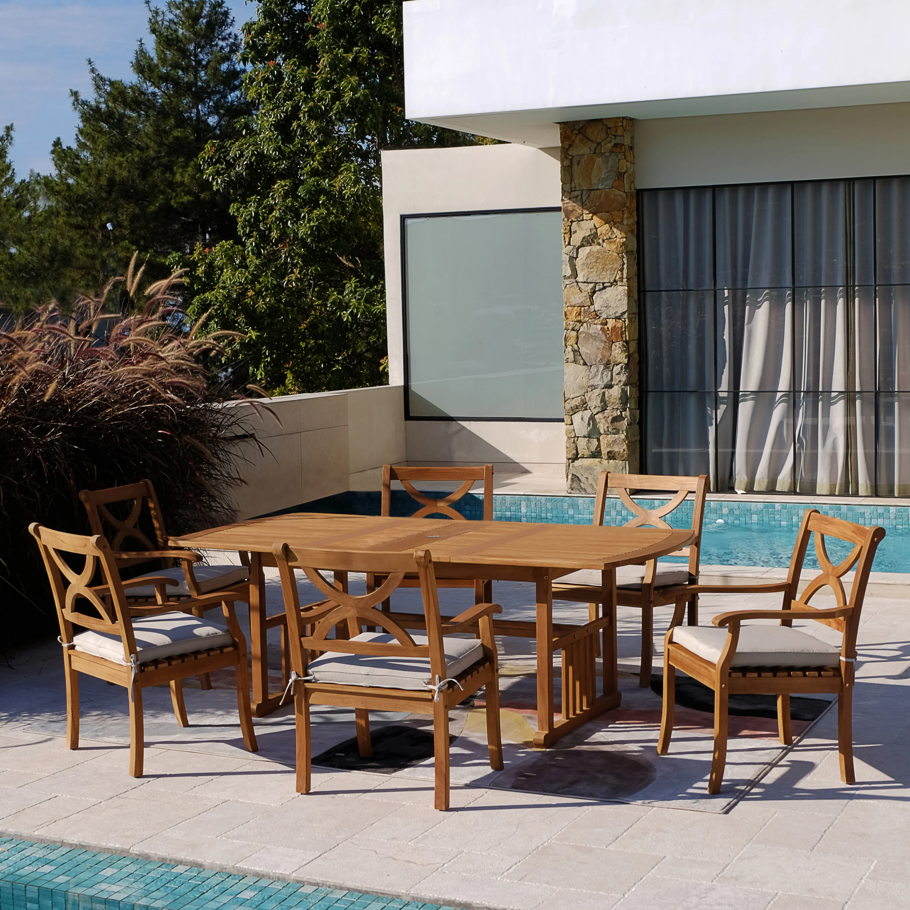 Abbington Teak Wood 7 Pieces Outdoor Dining Set with Beige Seatpad - Image 4