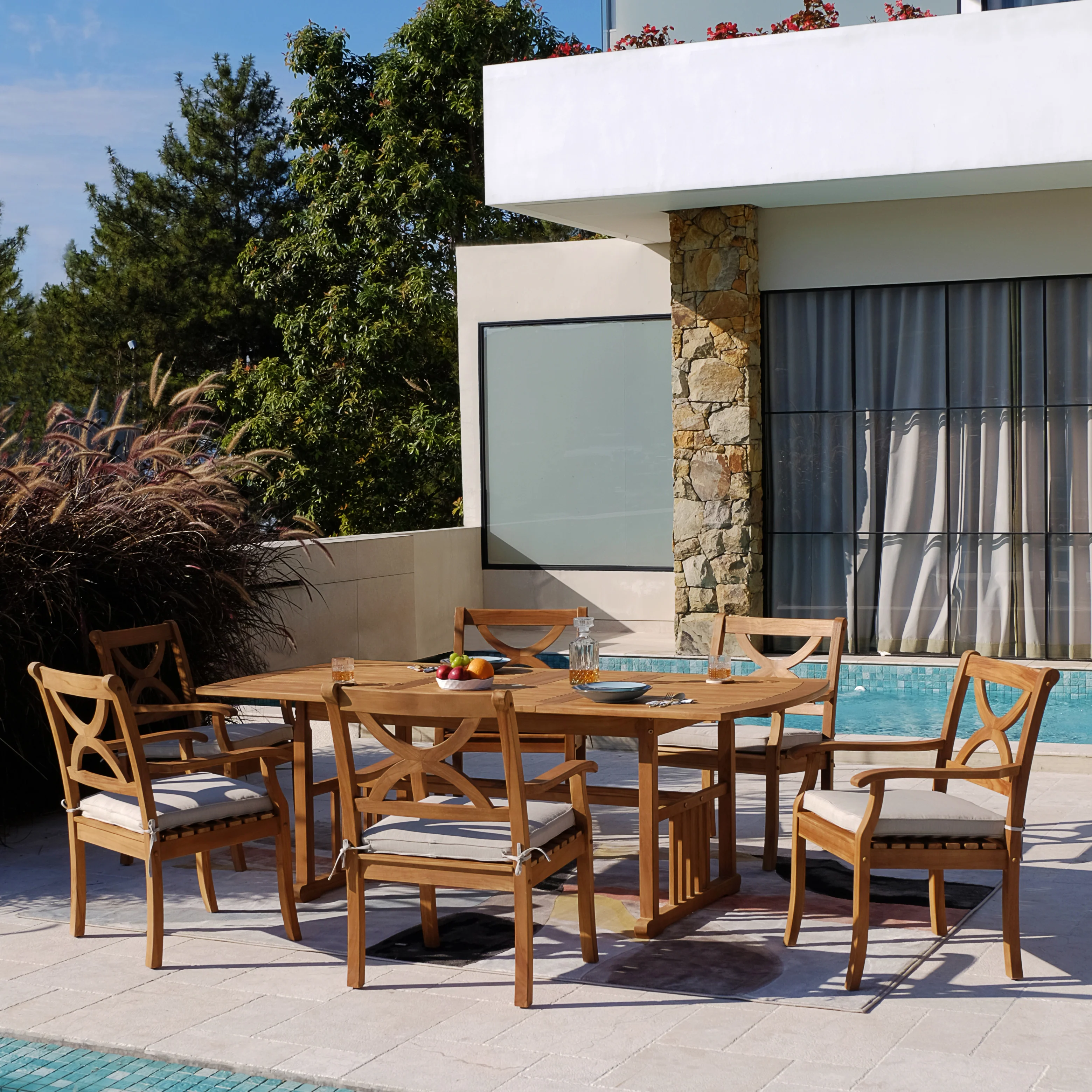 Abbington Teak Wood 7 Pieces Outdoor Dining Set with Beige Seatpad - Image 5