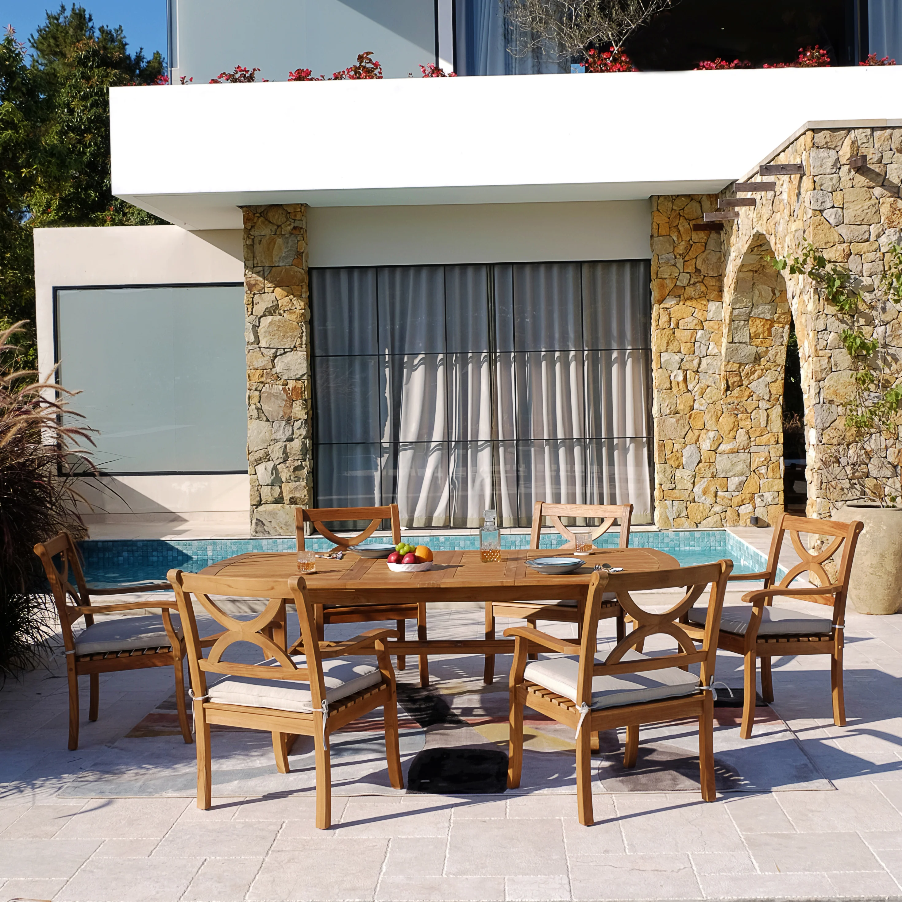 Abbington Teak Wood 7 Pieces Outdoor Dining Set with Beige Seatpad - Image 6