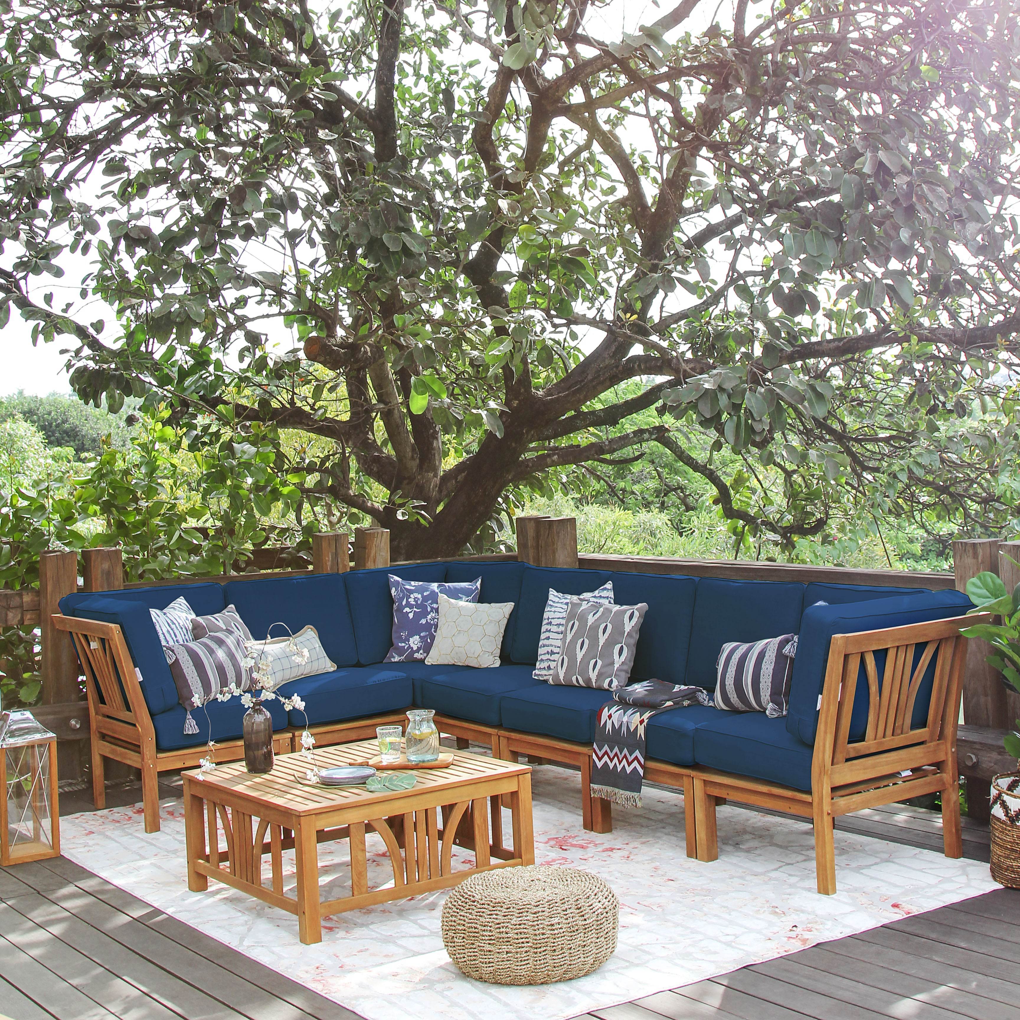 Abbington Teak Wood 8 Pieces Patio Sectional Set with Navy Cushion - Image 7