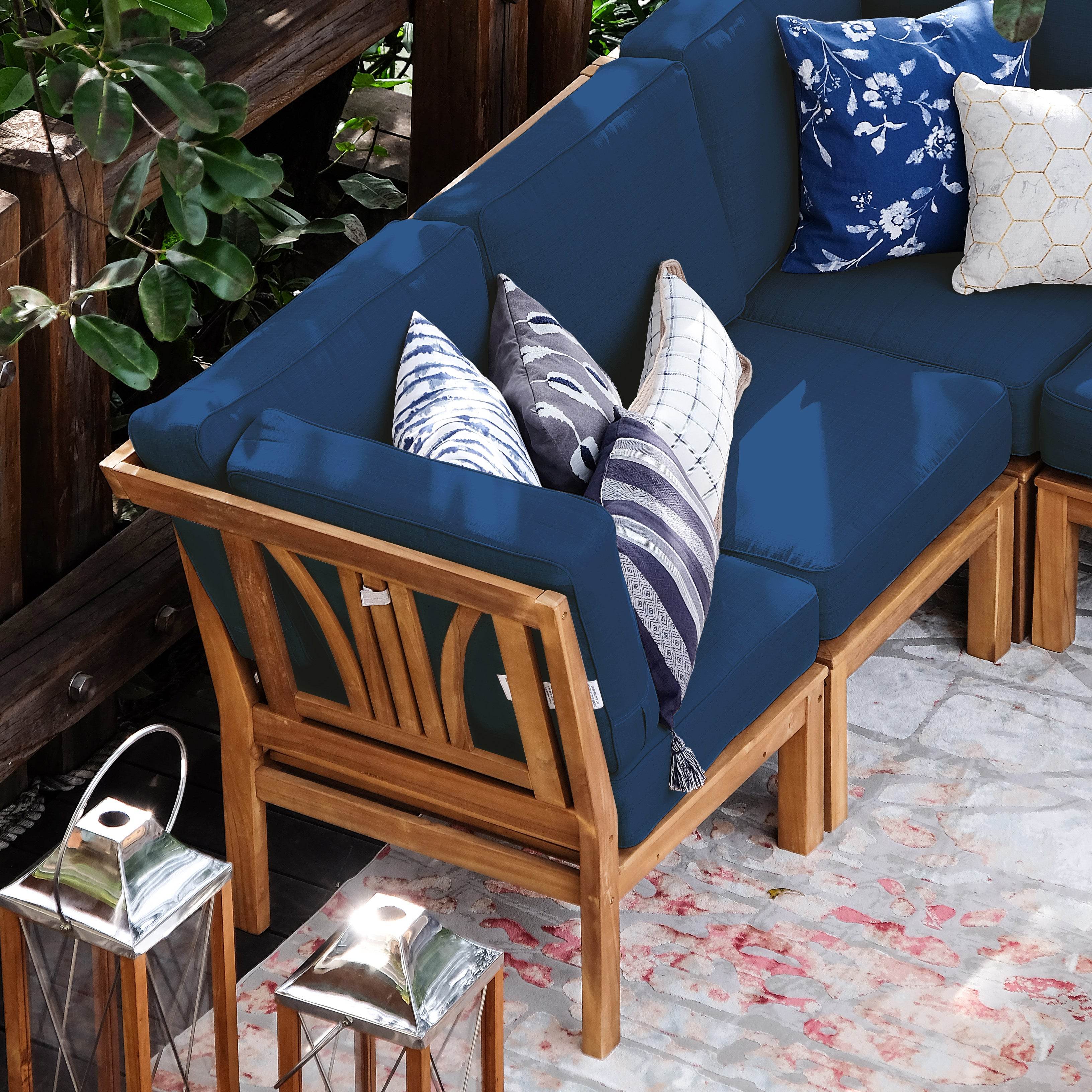 Abbington Teak Wood 8 Pieces Patio Sectional Set with Navy Cushion - Image 8