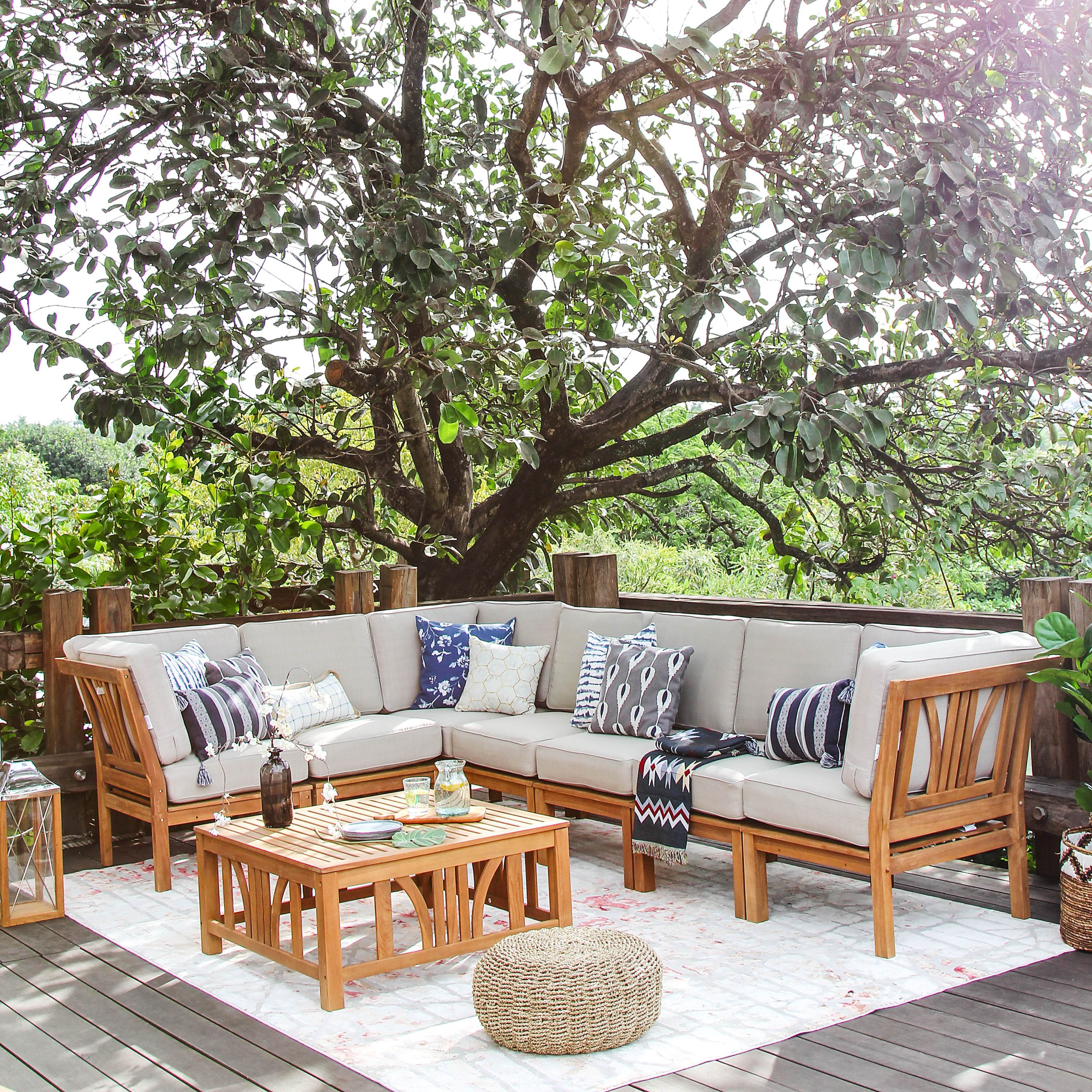 Abbington Teak Wood 8 Pieces Patio Sectional Set with Beige Cushion - Image 3