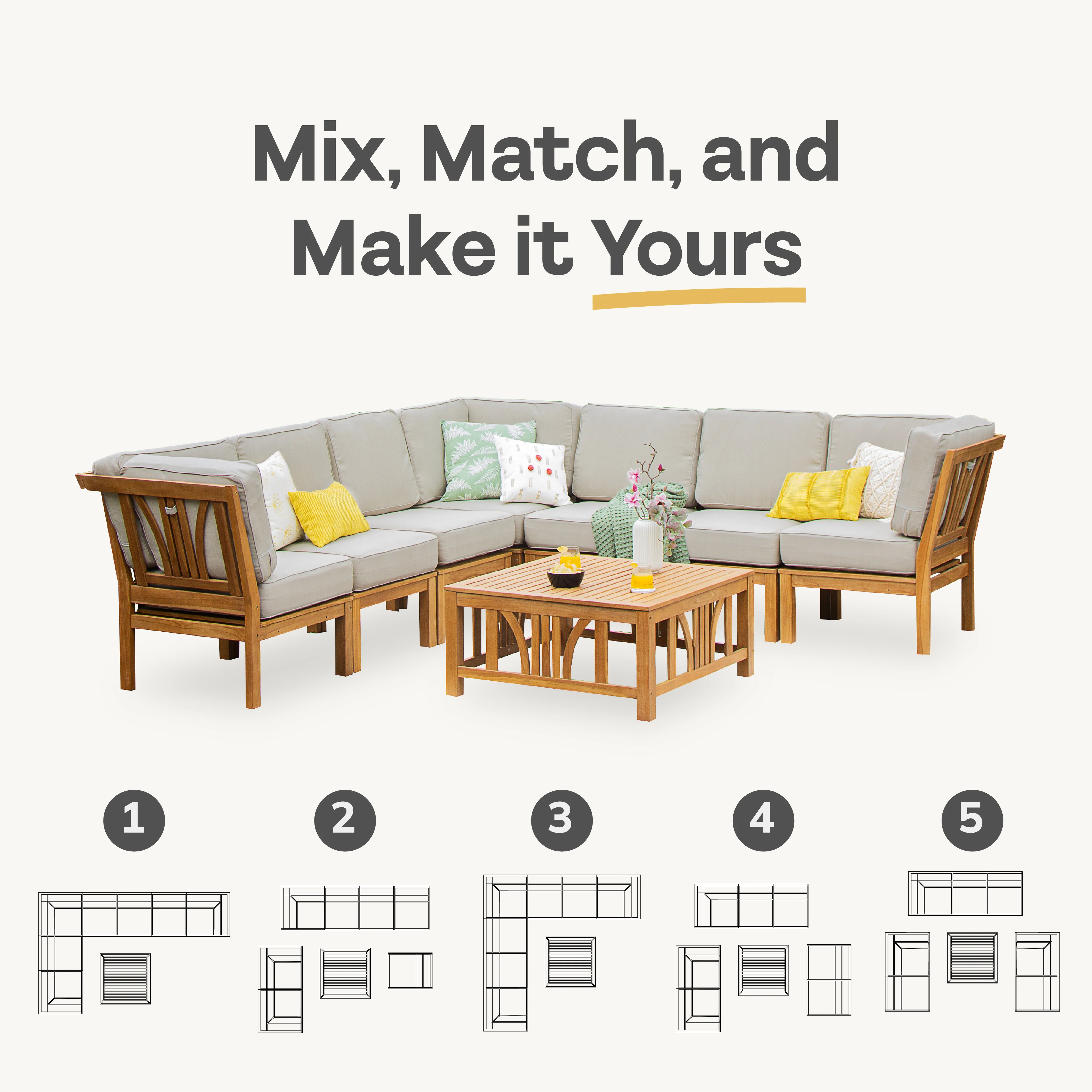 Abbington Teak Wood 8 Pieces Patio Sectional Set with Beige Cushion - Image 4