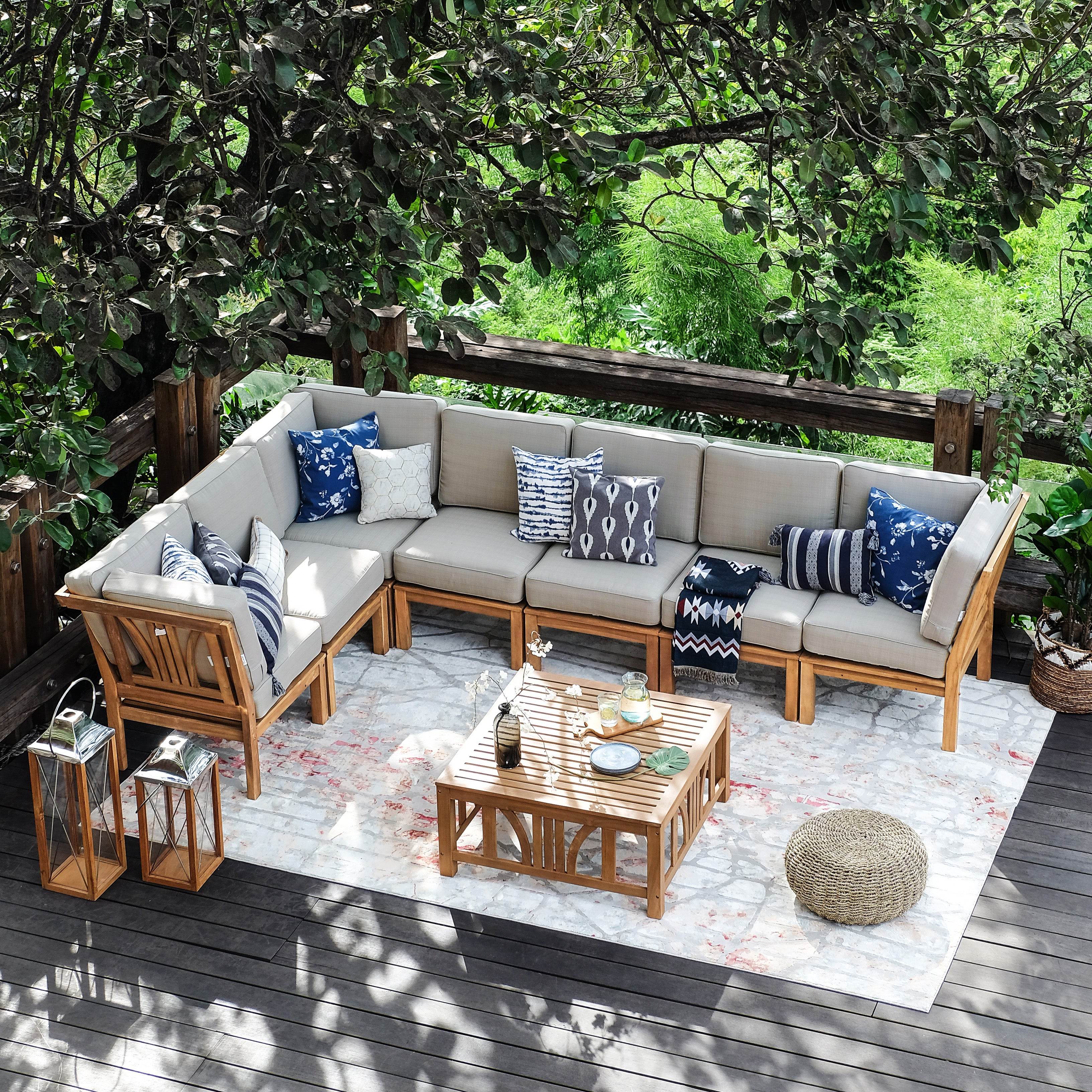 Abbington Teak Wood 8 Pieces Patio Sectional Set with Beige Cushion - Image 7