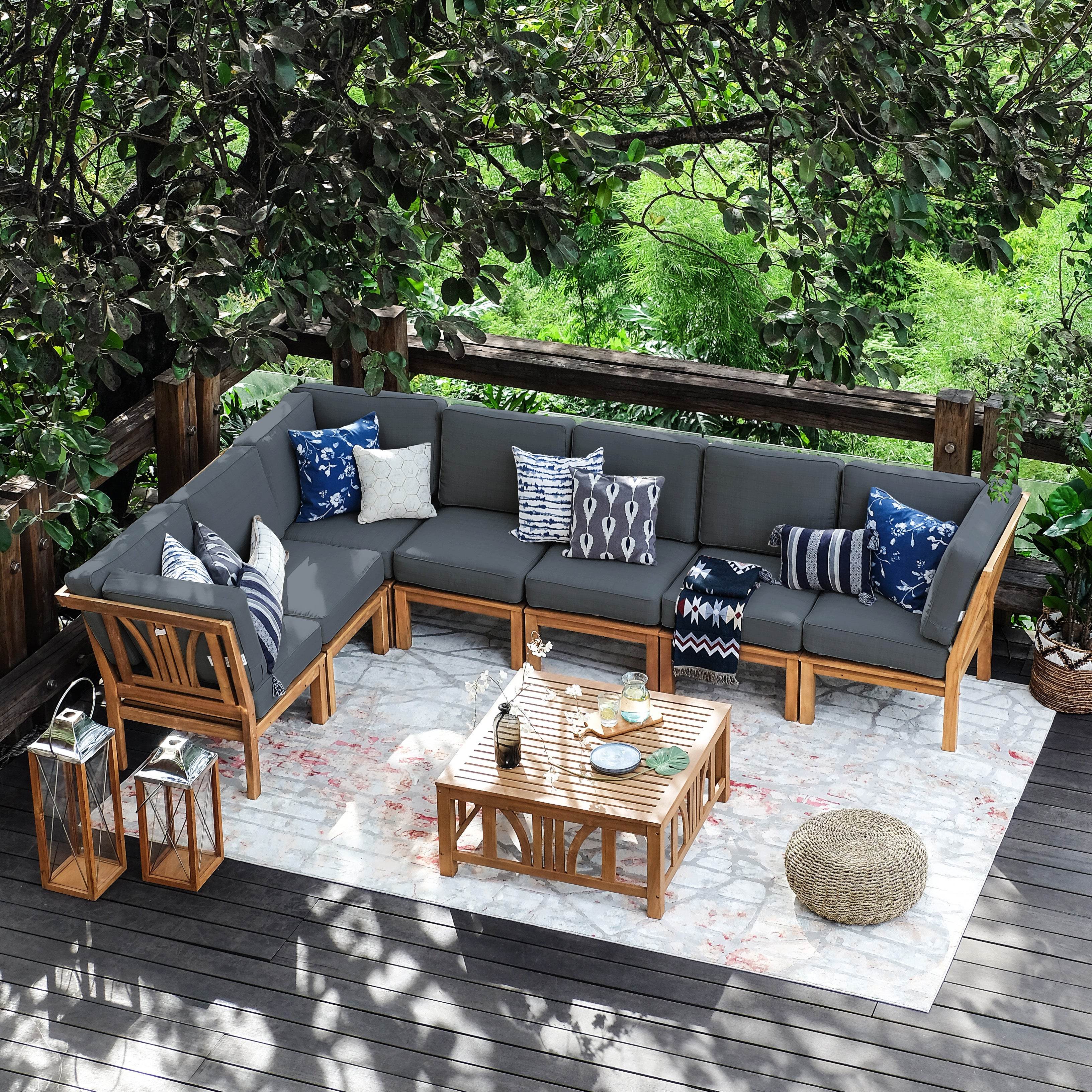 Abbington Teak Wood 8 Pieces Patio Sectional Set with Gray Cushion - Image 3