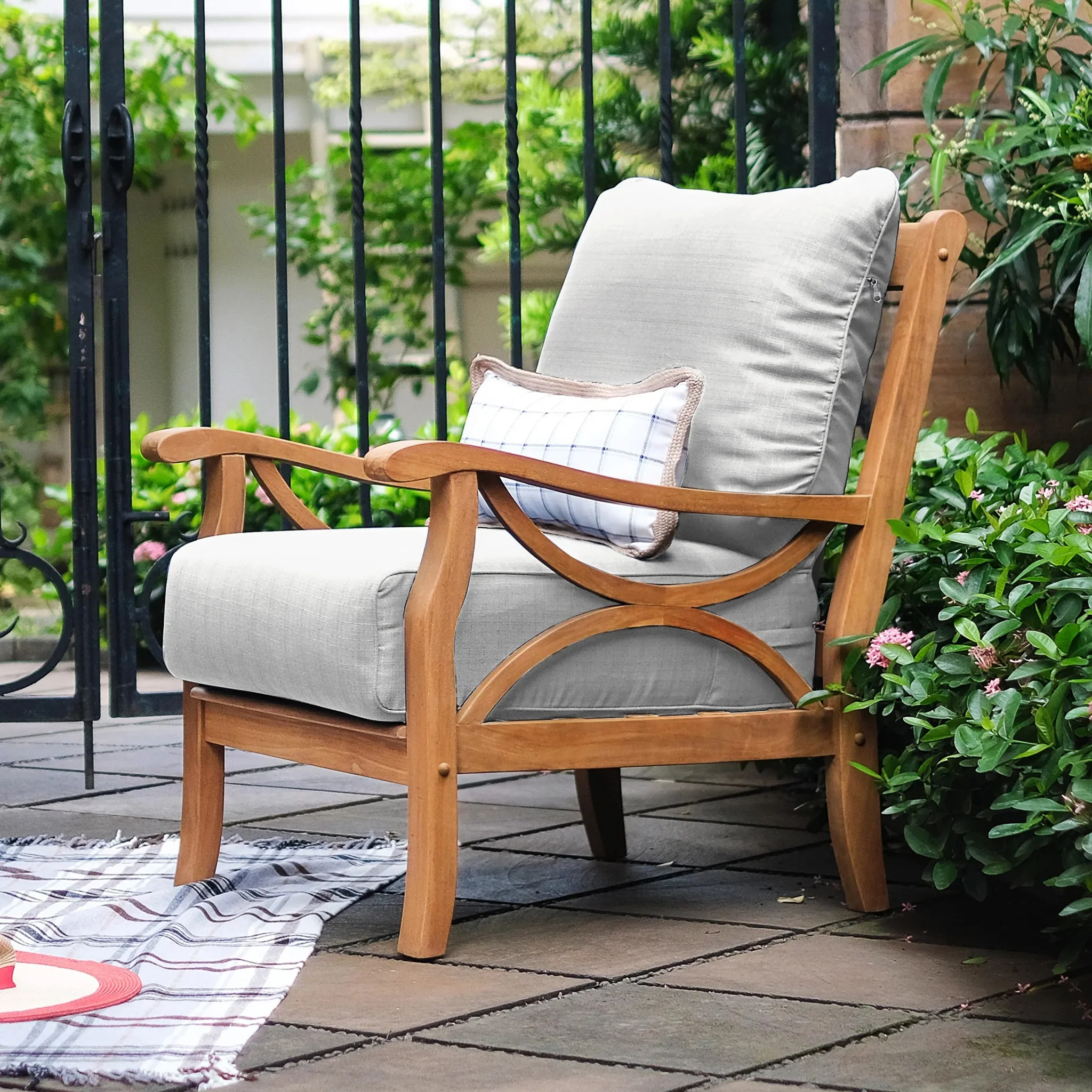 Abbington Teak Wood Outdoor Lounge Chair with Beige Cushion - Image 3