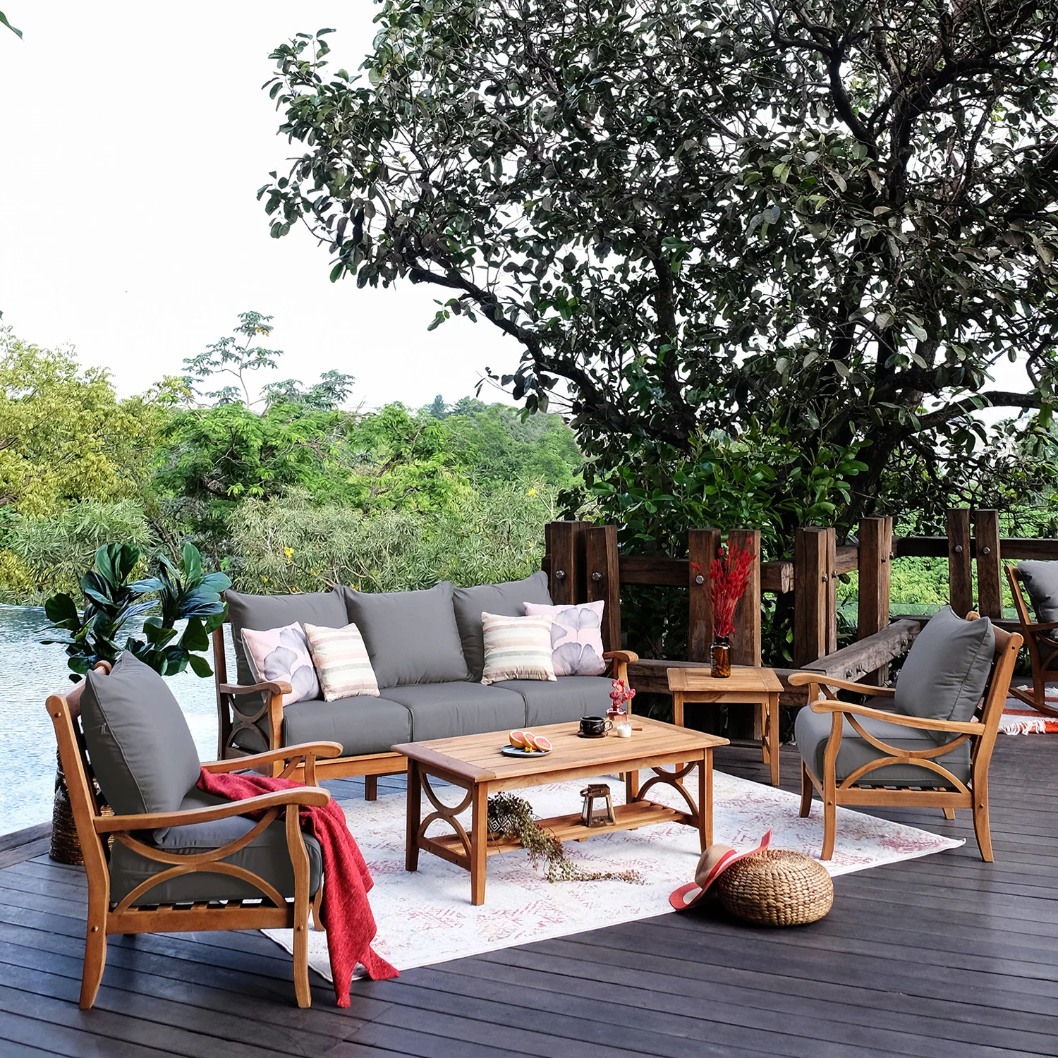 Abbington Teak Wood Outdoor Lounge Chair with Gray Cushion - Image 3