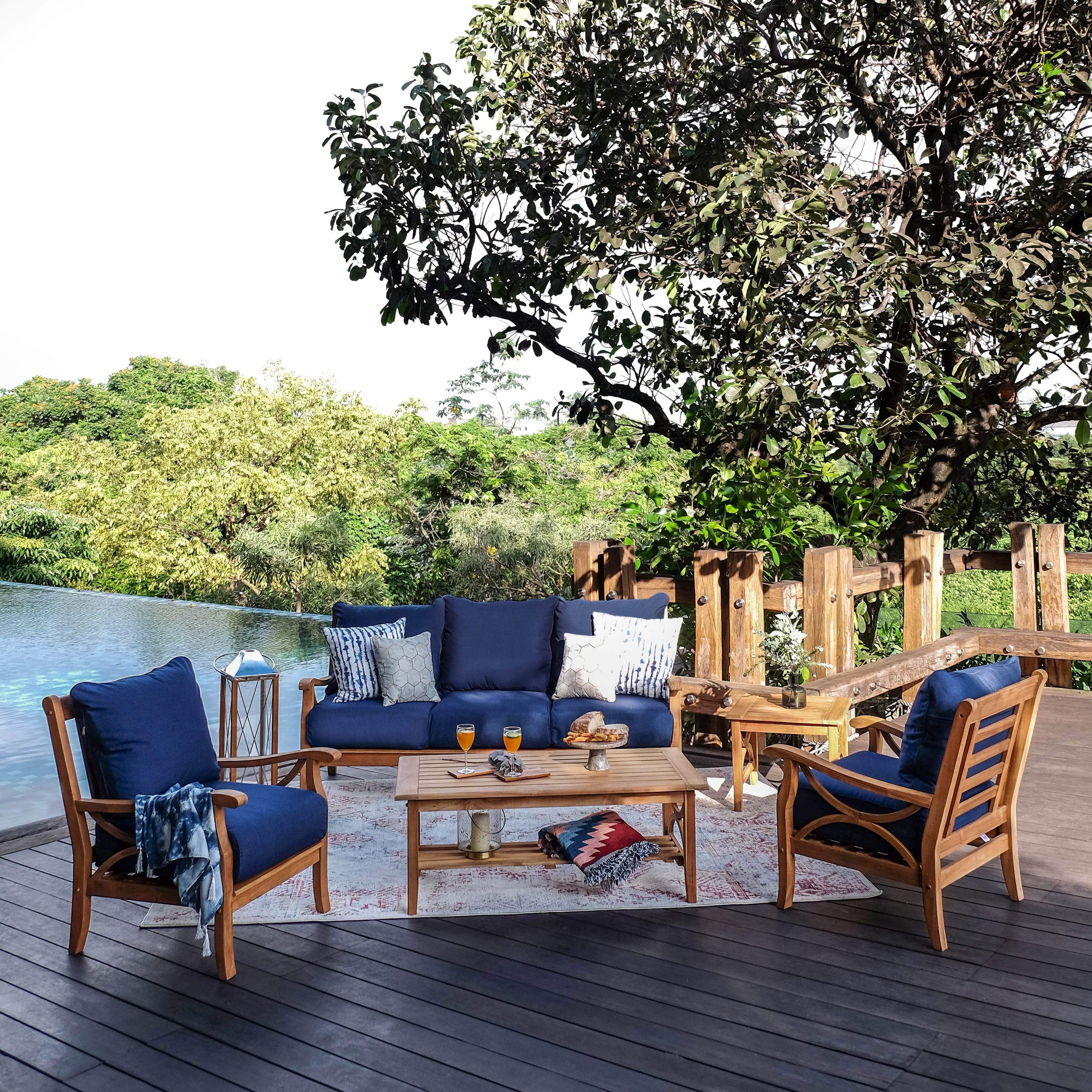 Abbington Teak Wood Outdoor Lounge Chair with Navy Cushion - Image 6