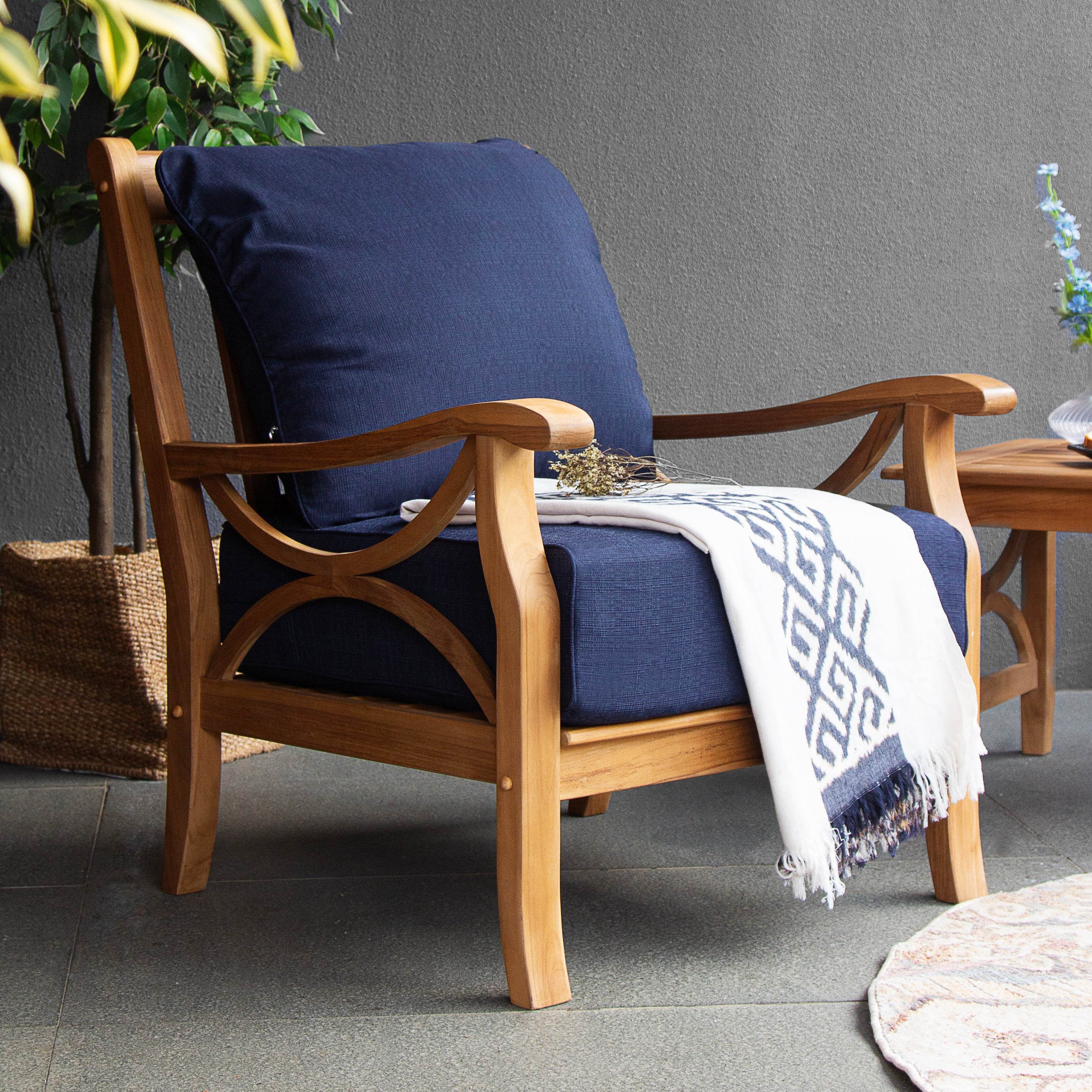 Abbington Teak Wood Outdoor Lounge Chair with Navy Cushion - Image 8