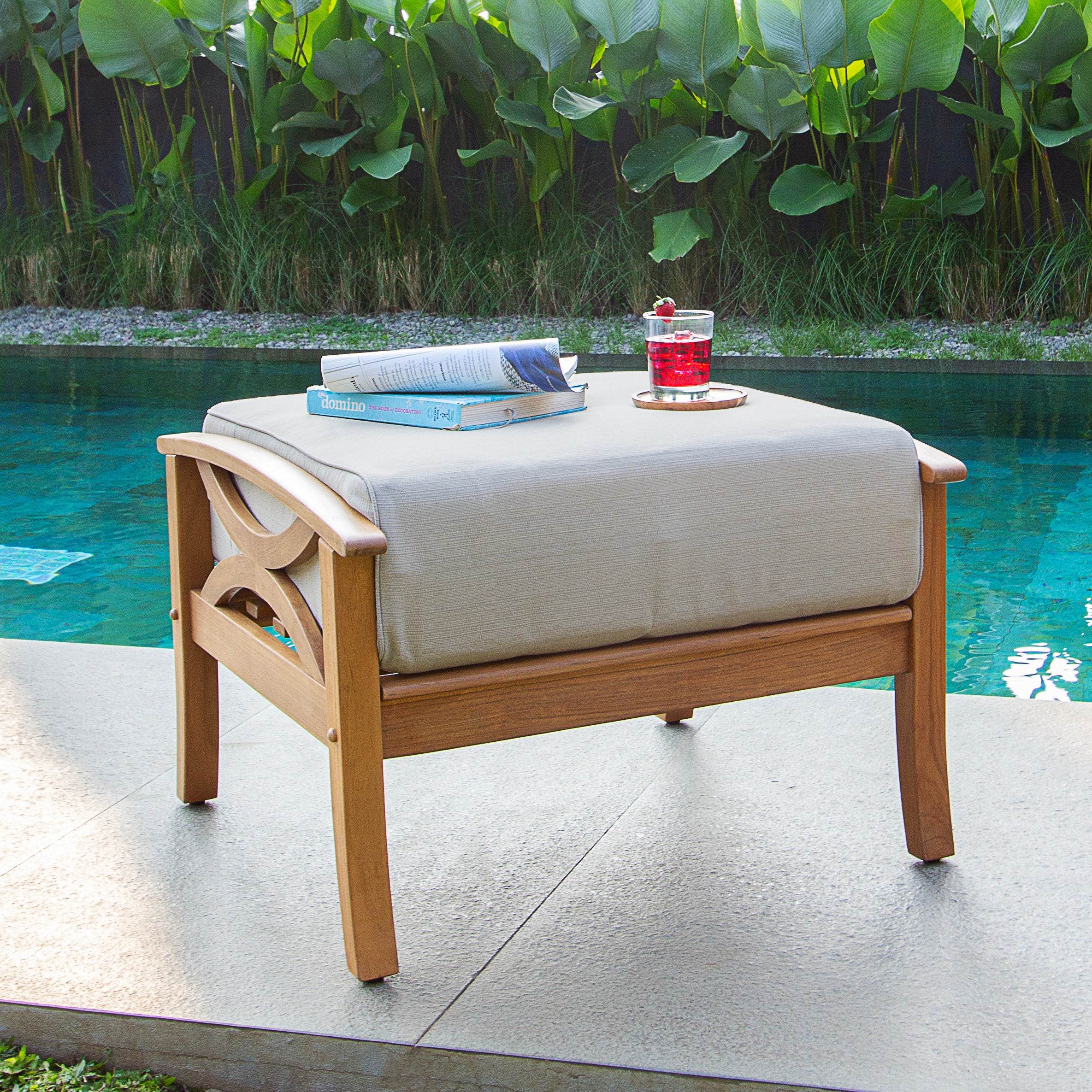 Abbington Teak Wood Outdoor Lounge Chair with Ottoman Beige Cushion - Image 3
