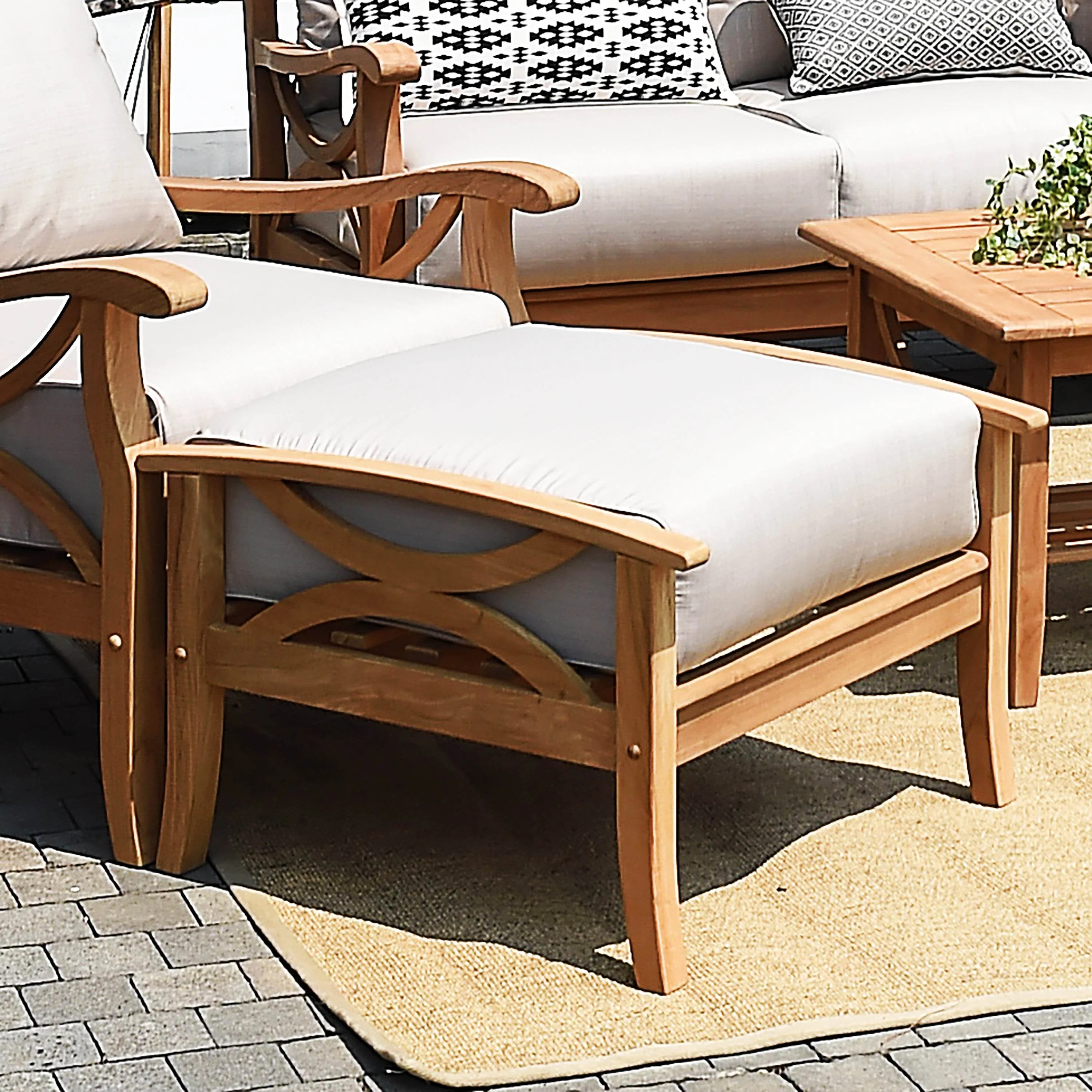 Abbington Teak Wood Outdoor Lounge Chair with Ottoman Beige Cushion - Image 7