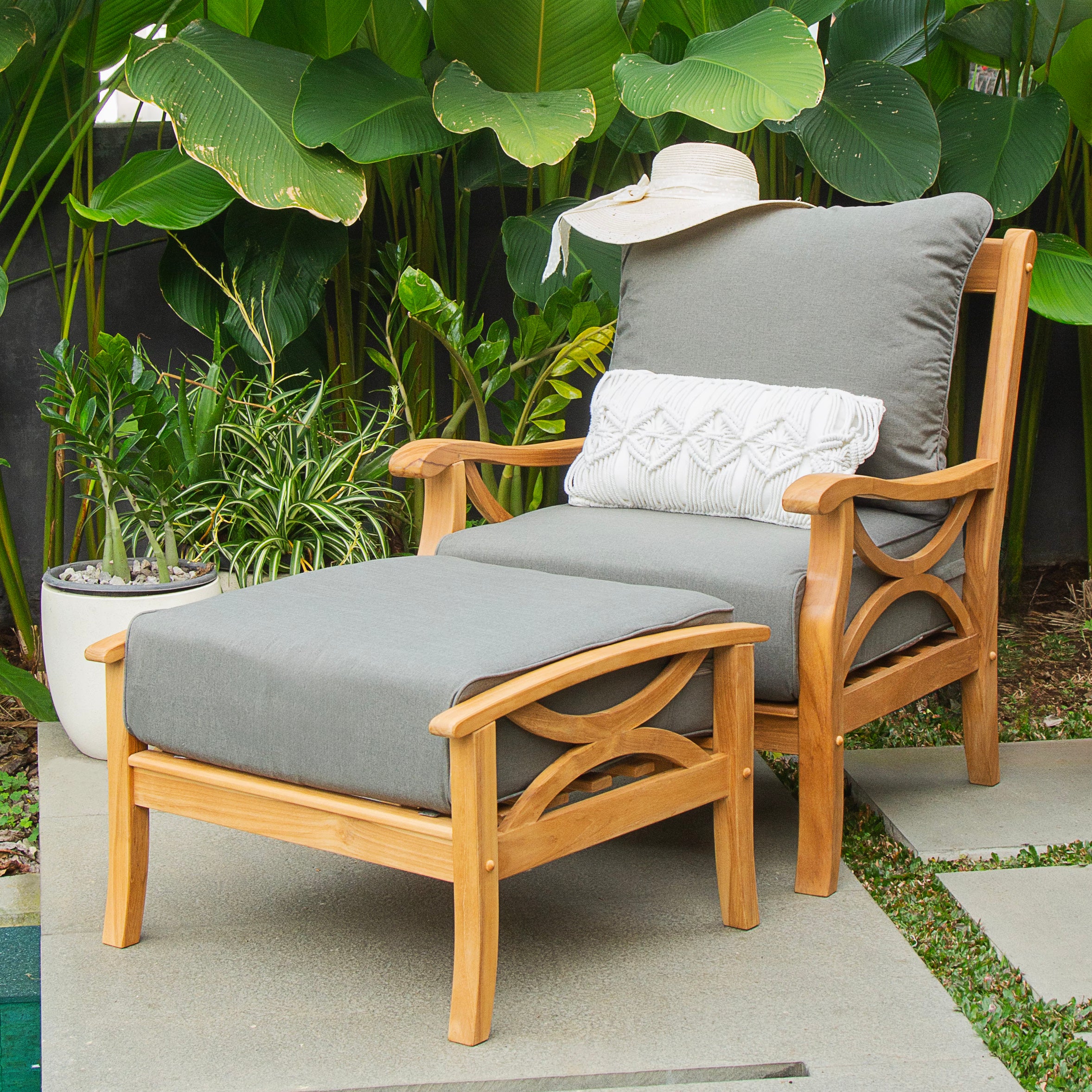 Abbington Teak Wood Outdoor Lounge Chair with Ottoman Gray Cushion - Image 2