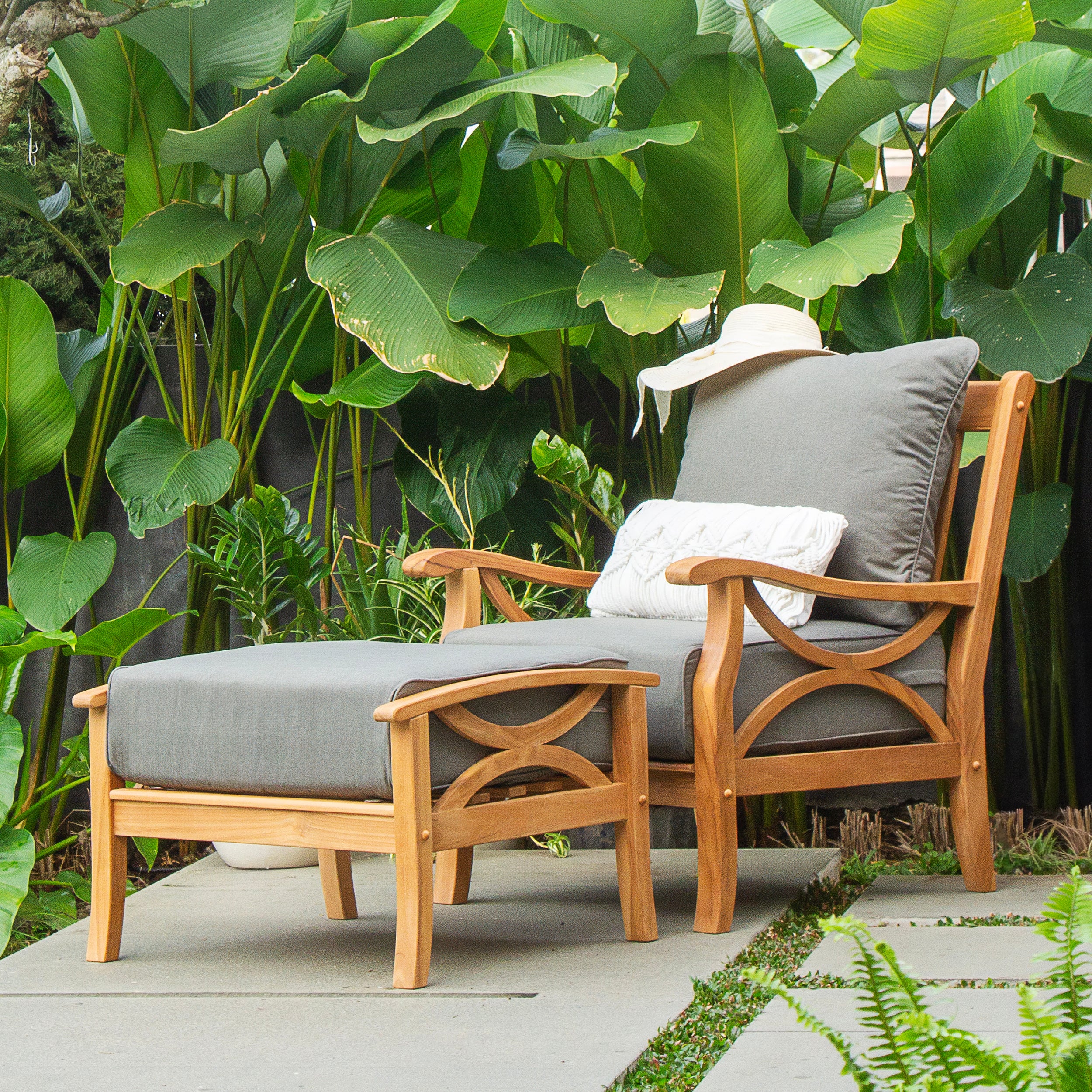 Abbington Teak Wood Outdoor Lounge Chair with Ottoman Gray Cushion - Image 3