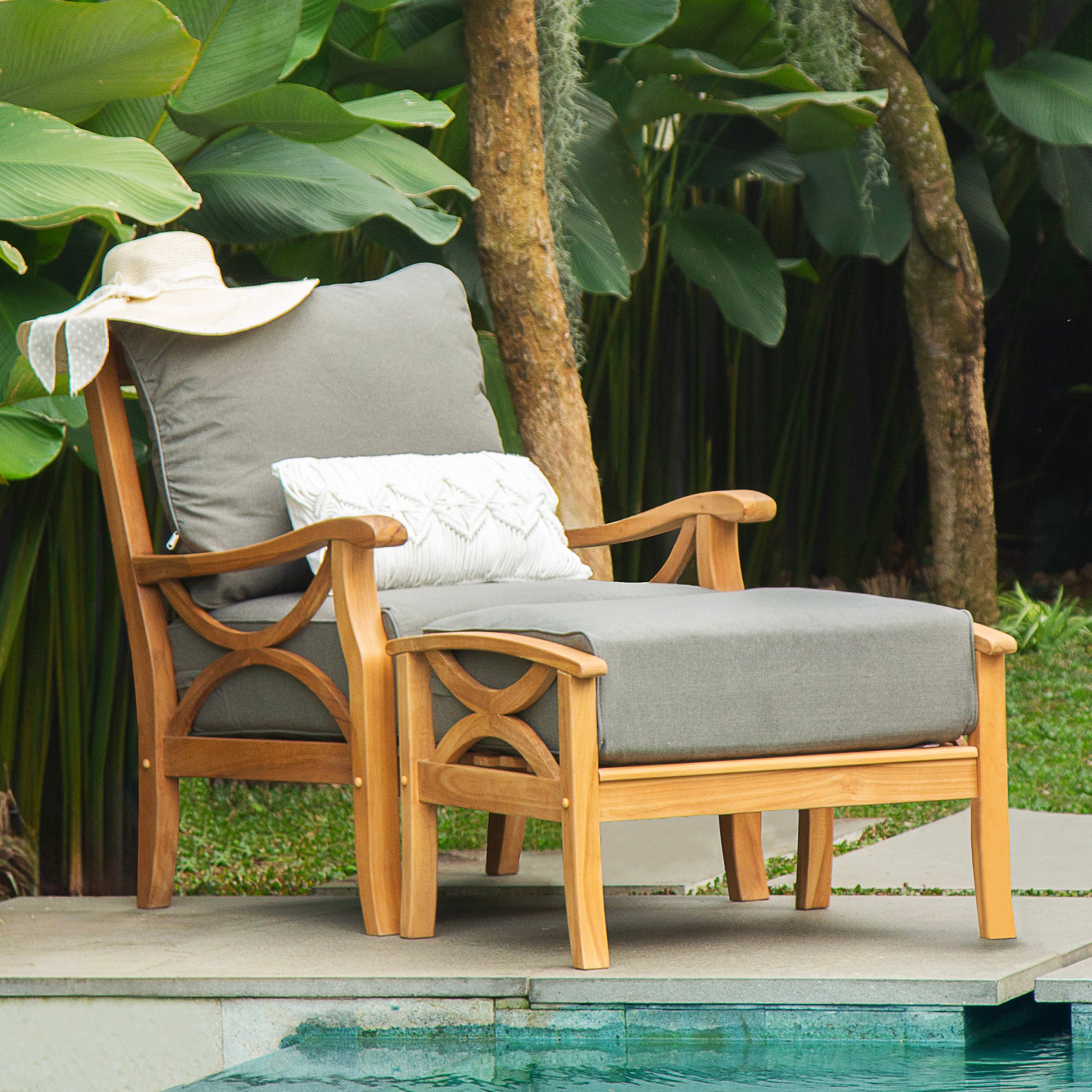 Abbington Teak Wood Outdoor Lounge Chair with Ottoman Gray Cushion - Image 6