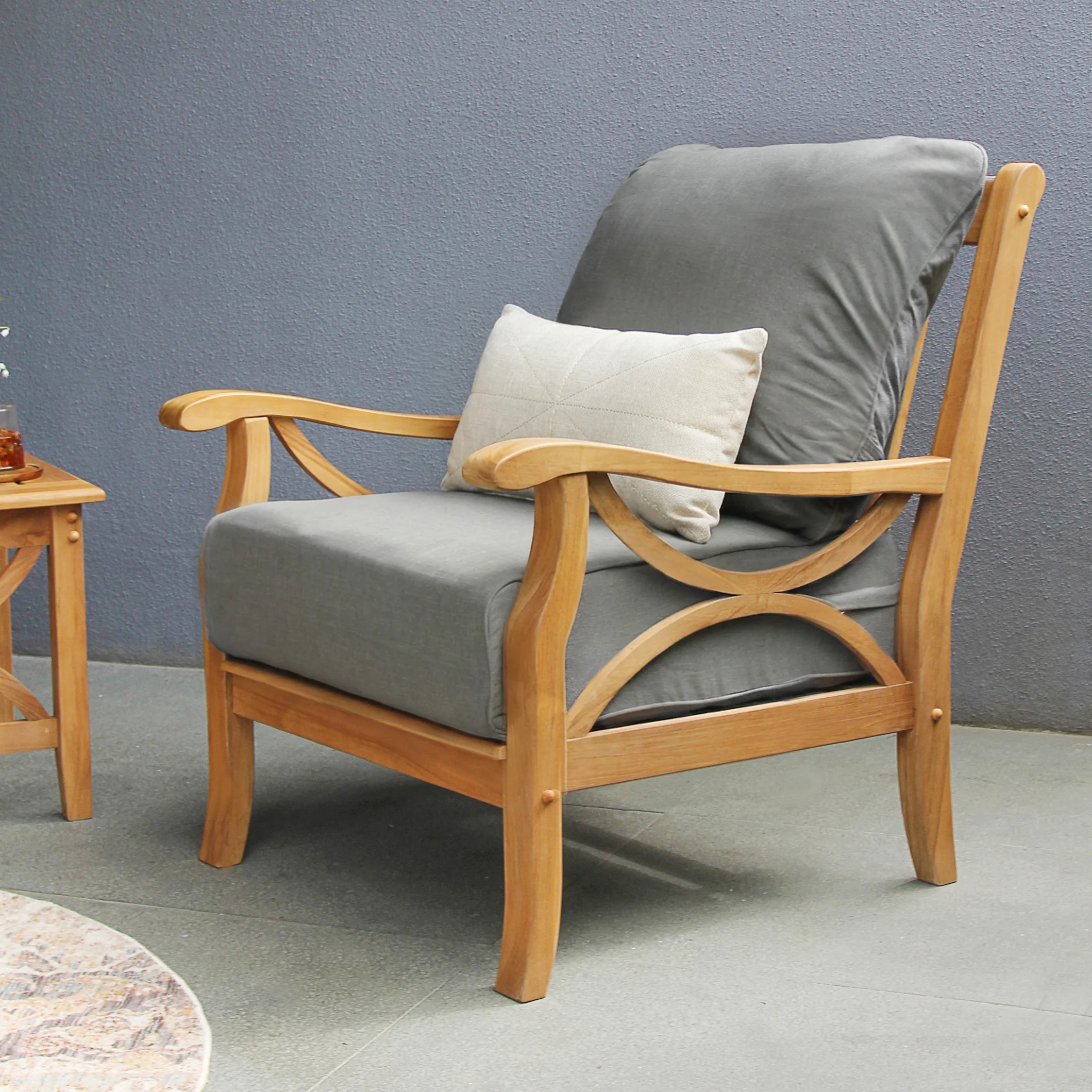 Abbington Teak Wood Outdoor Lounge Chair with Ottoman Gray Cushion - Image 7