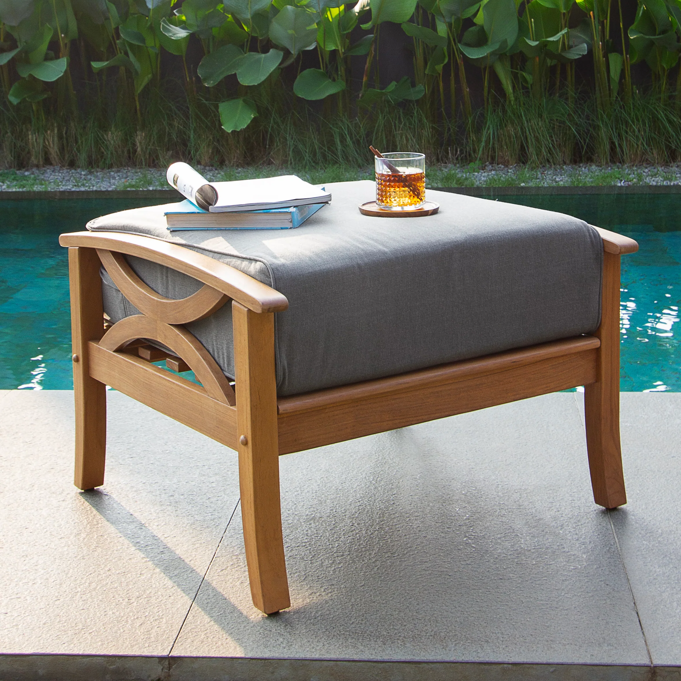 Abbington Teak Wood Outdoor Lounge Chair with Ottoman Gray Cushion - Image 8