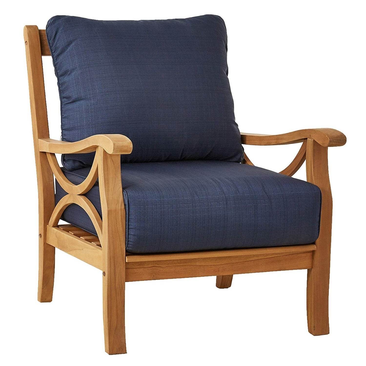 Abbington Teak Wood Outdoor Lounge Chair with Ottoman Navy Cushion - Image 10
