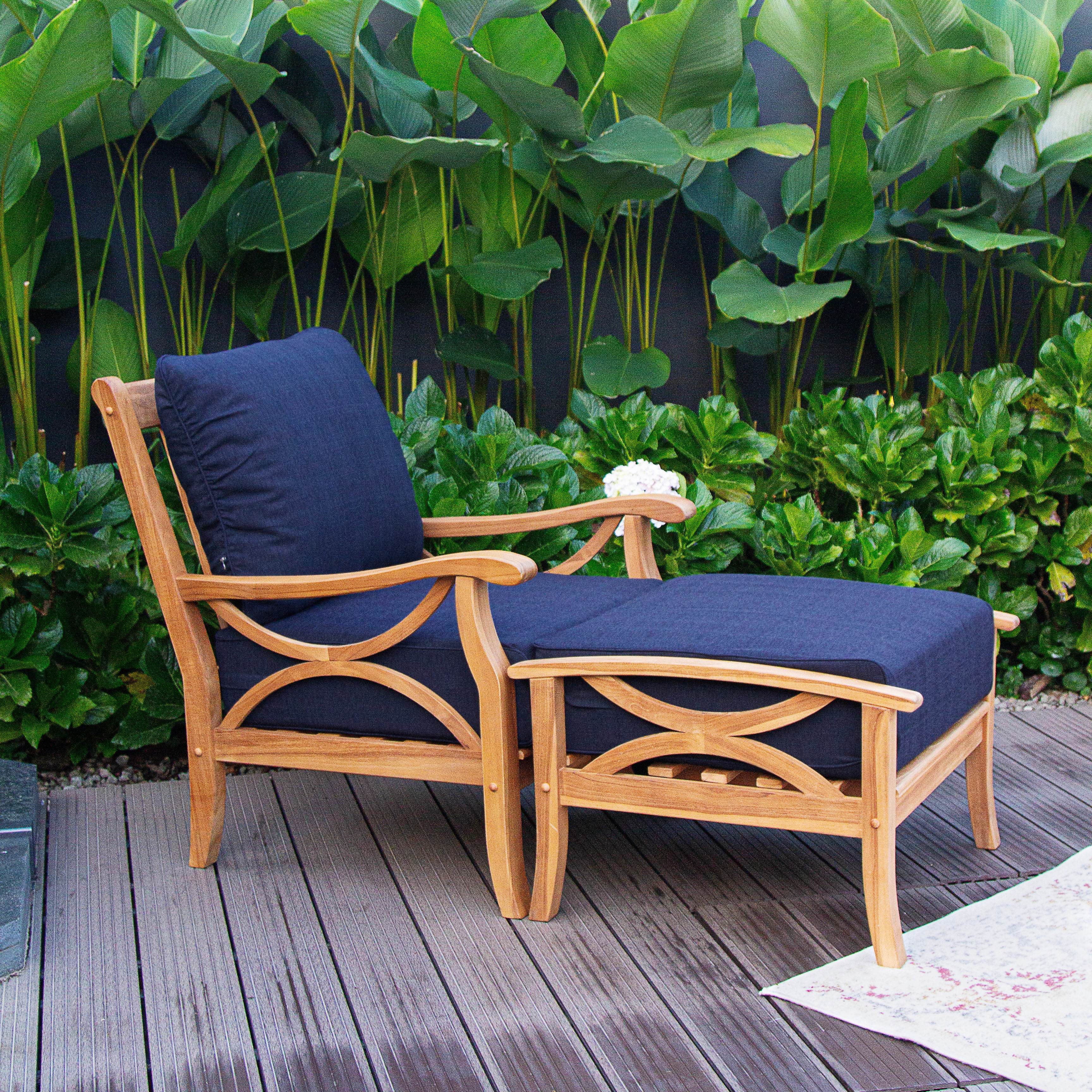 Abbington Teak Wood Outdoor Lounge Chair with Ottoman Navy Cushion - Image 3