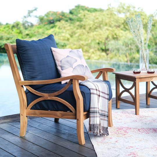 Abbington Teak Wood Outdoor Lounge Chair with Ottoman Navy Cushion - Image 7