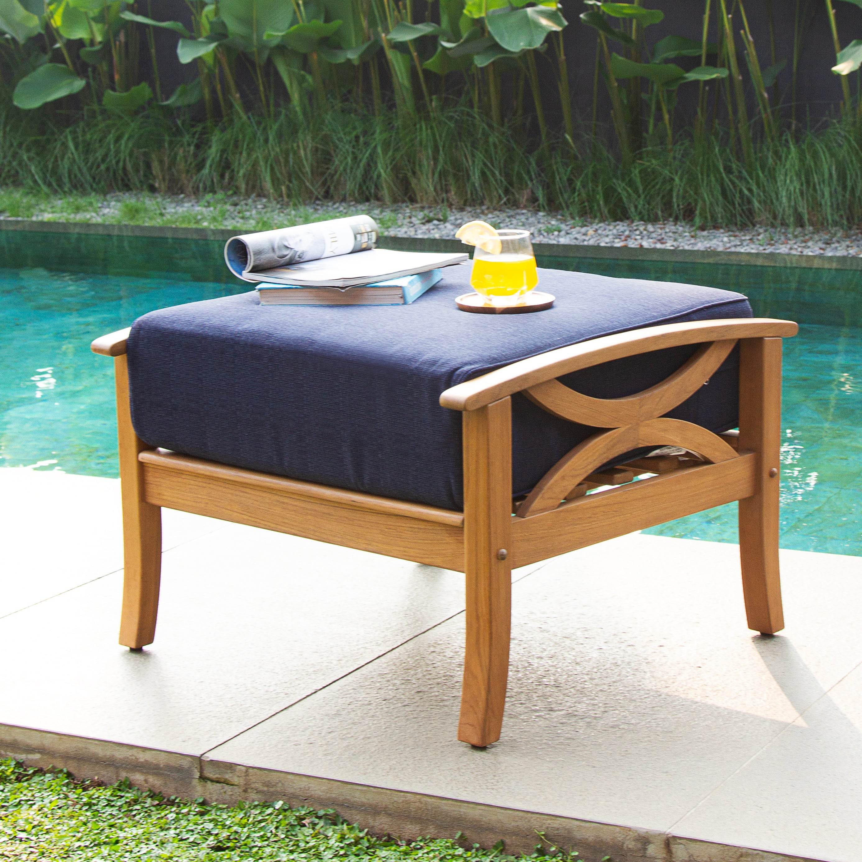 Abbington Teak Wood Outdoor Lounge Chair with Ottoman Navy Cushion - Image 8