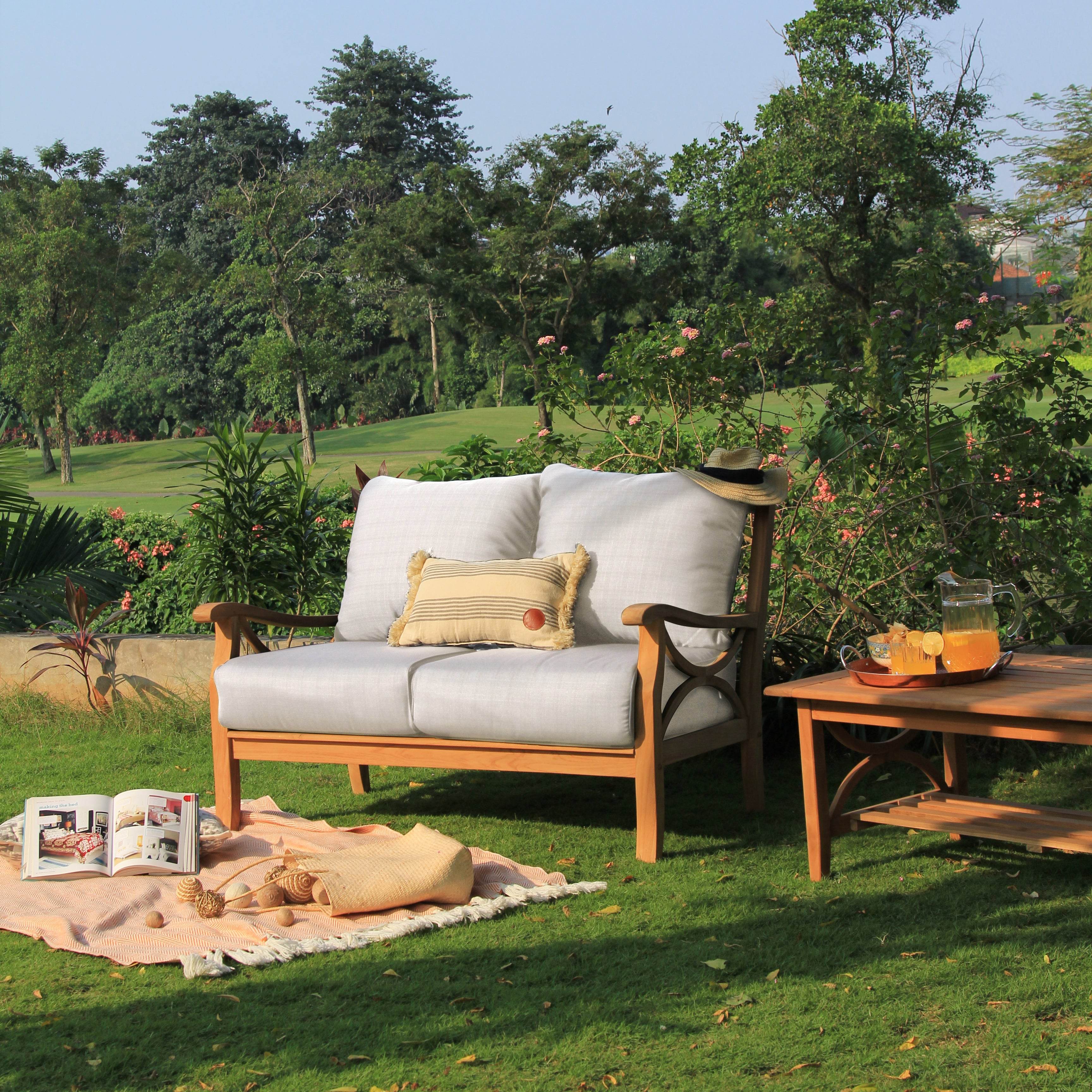Abbington Teak Wood Outdoor Loveseat with Beige Cushion - Image 3