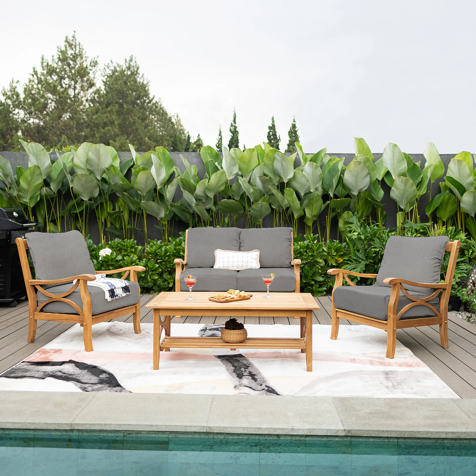 Abbington Teak Wood Outdoor Loveseat with Gray Cushion - Image 2