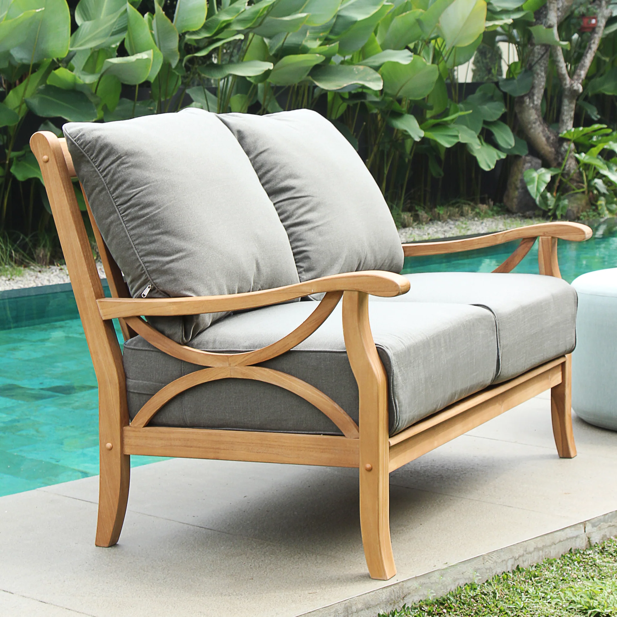 Abbington Teak Wood Outdoor Loveseat with Gray Cushion - Image 3