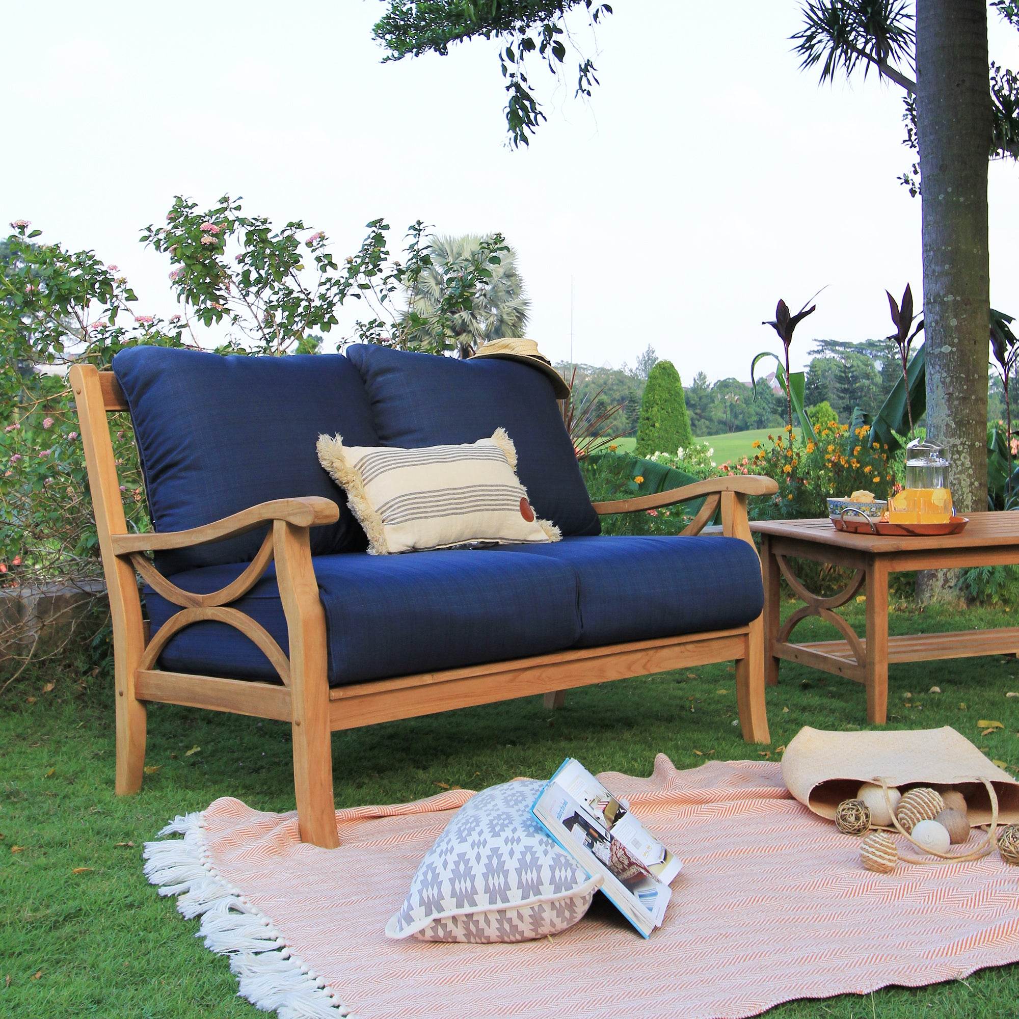 Abbington Teak Wood Outdoor Loveseat with Navy Cushion - Image 3