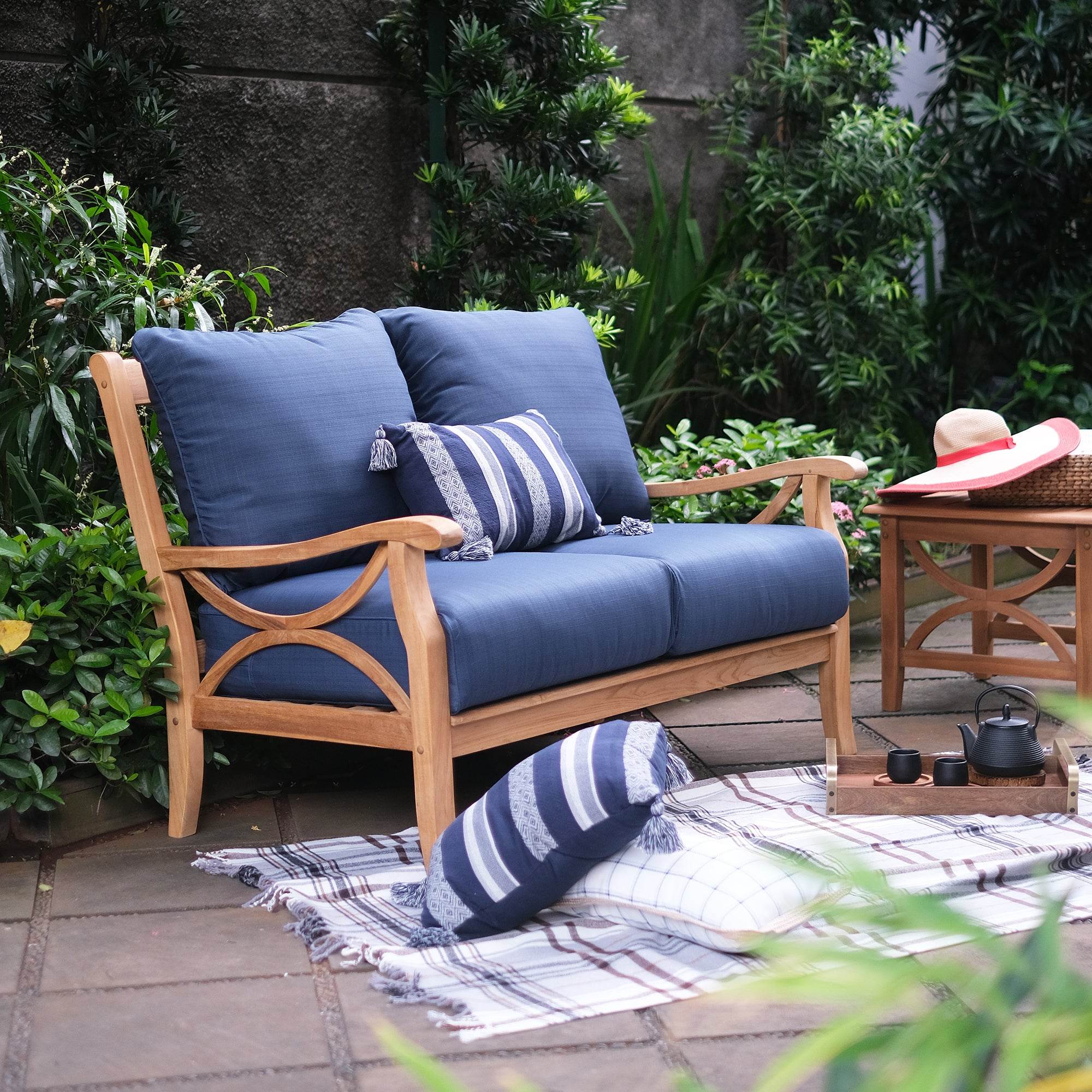 Abbington Teak Wood Outdoor Loveseat with Navy Cushion - Image 4