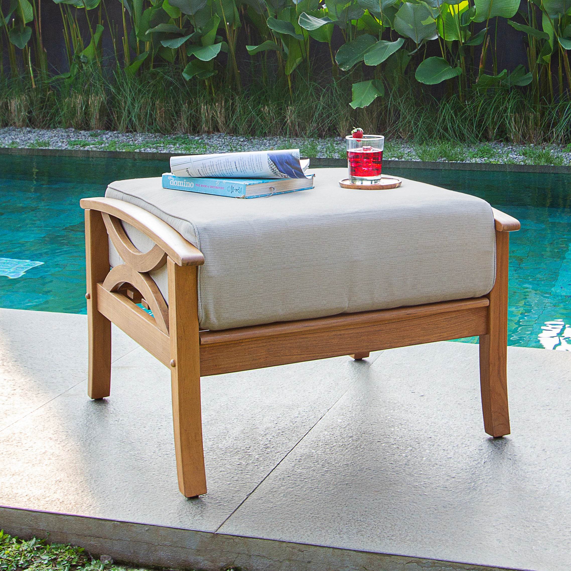 Abbington Teak Wood Outdoor Ottoman with Beige Cushion - Image 3