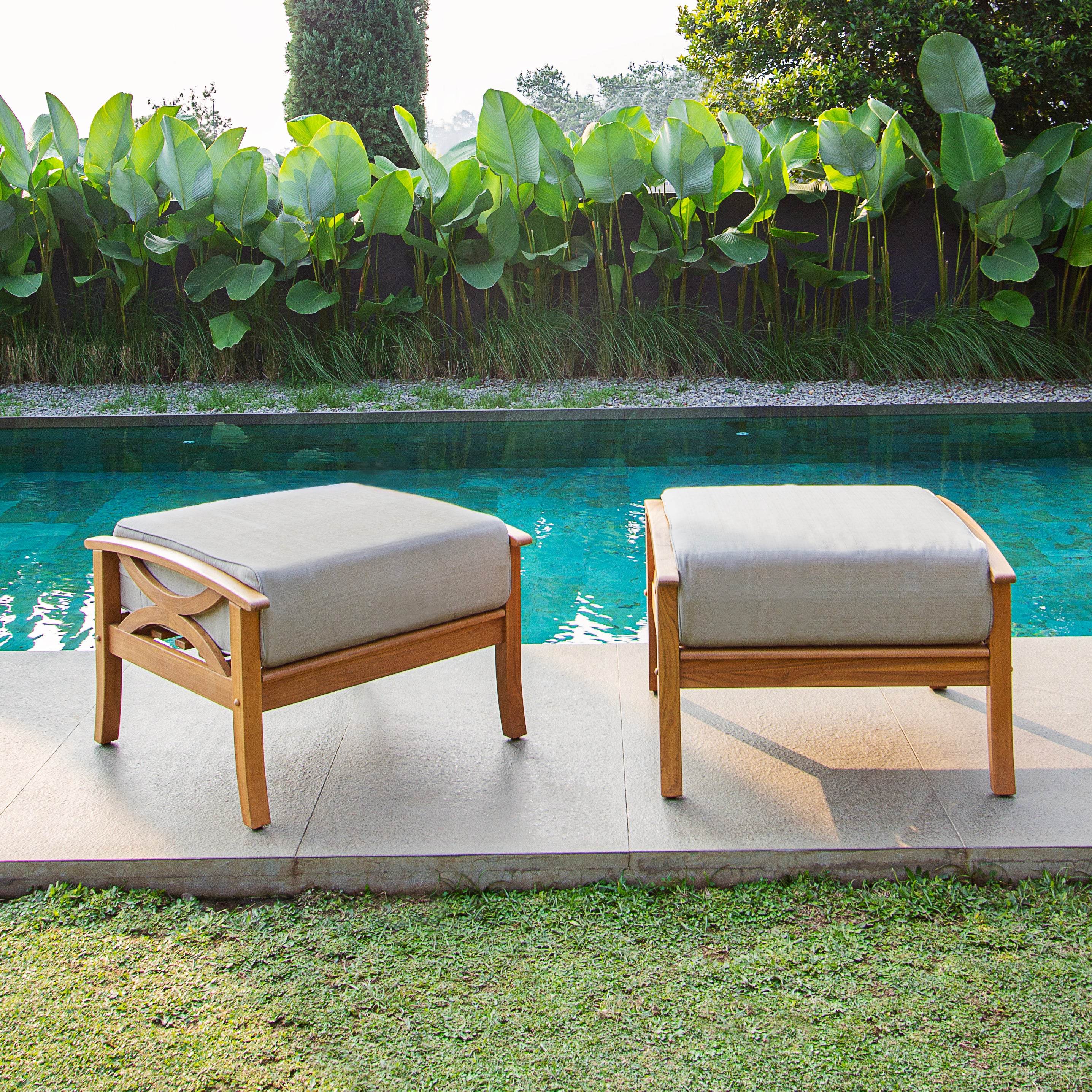 Abbington Teak Wood Outdoor Ottoman with Beige Cushion - Image 4