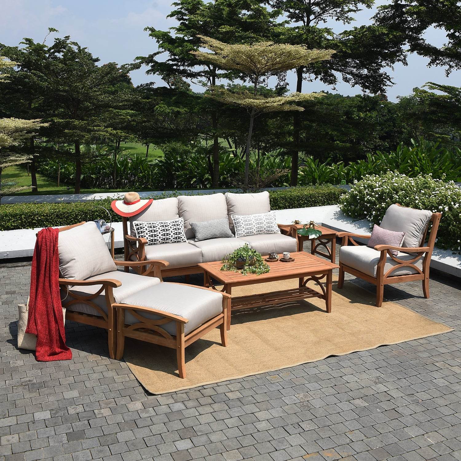 Abbington Teak Wood Outdoor Ottoman with Beige Cushion - Image 7